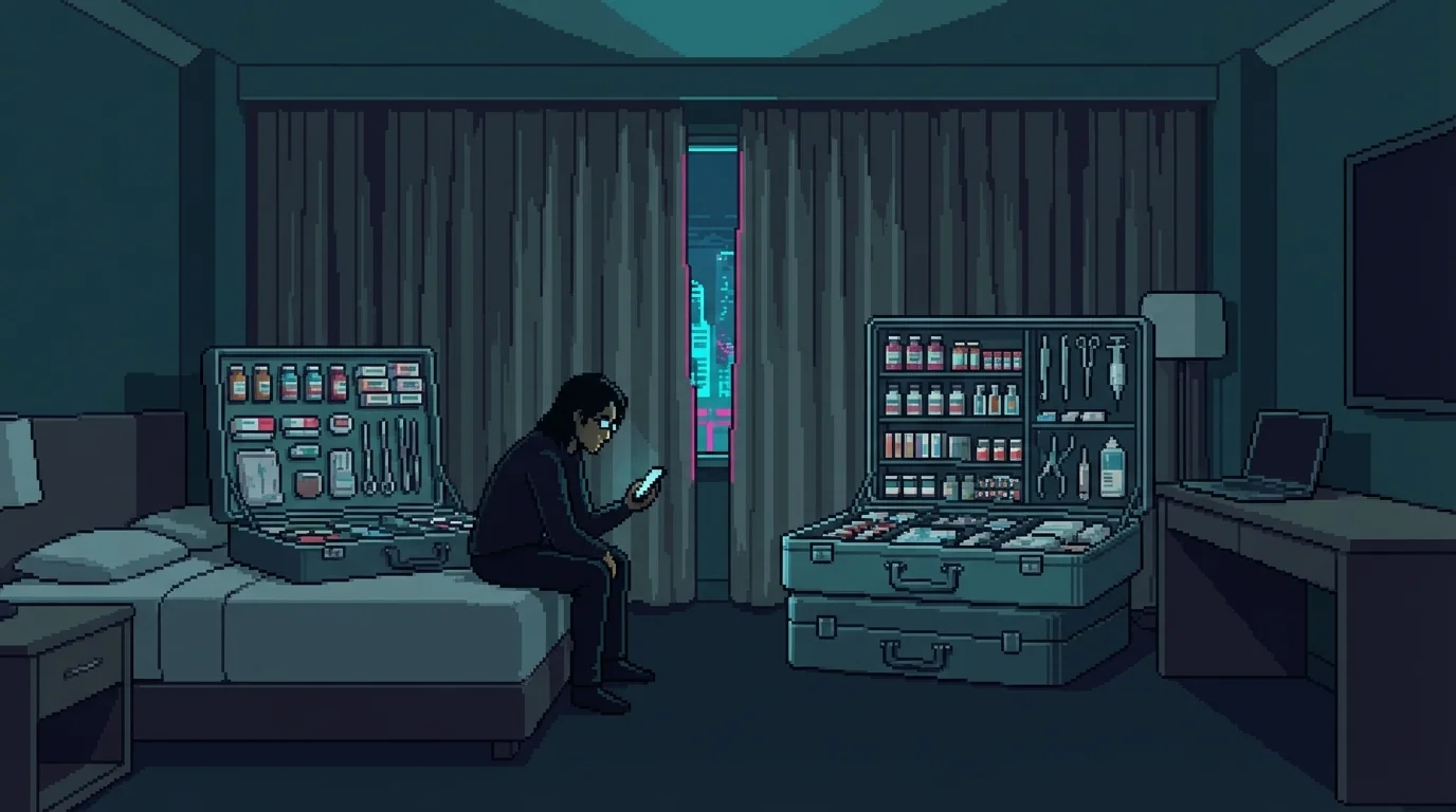 A Sector 7 hotel room โ the pharmacy case open on the bed, contents arranged in precise rows, antiseptic light