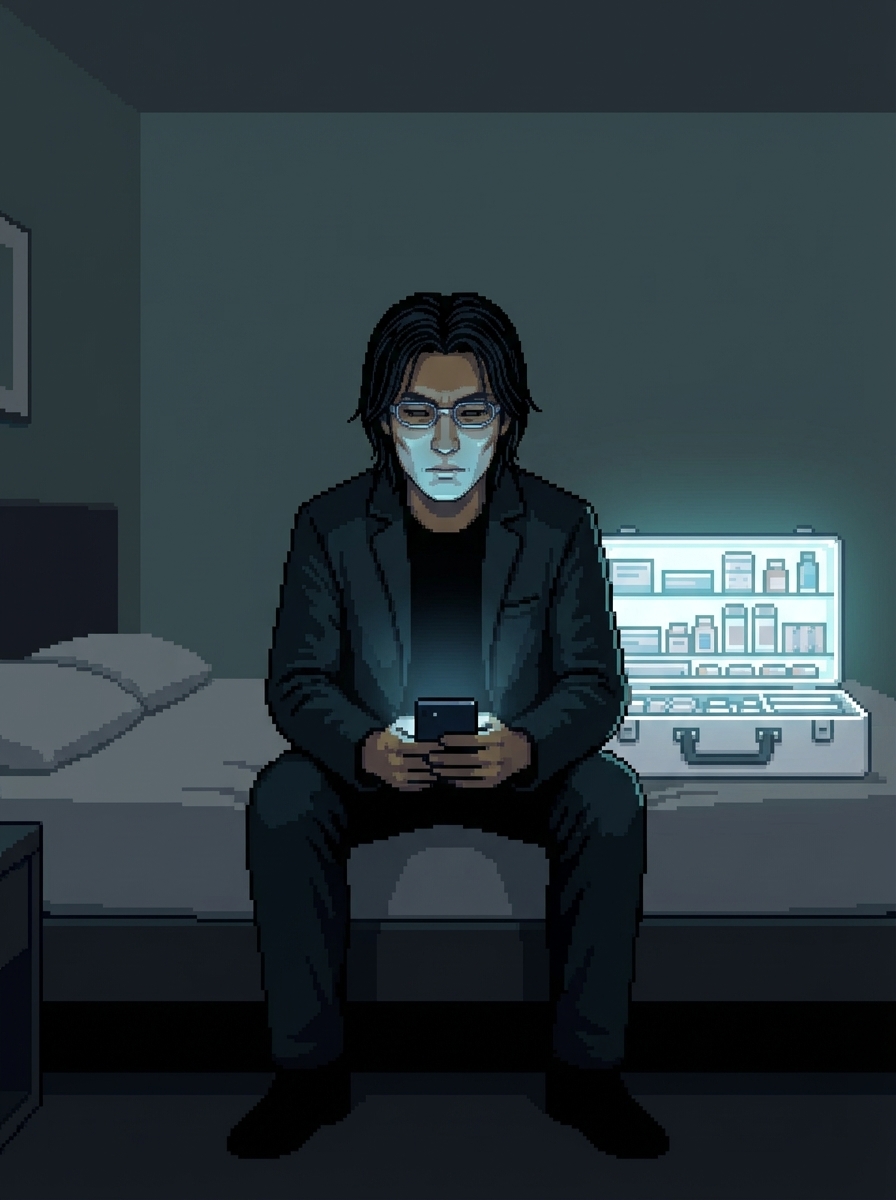 Justin sitting on the edge of the bed, phone in hand, the screen showing a message โ cybernetic eyes dim, face empty