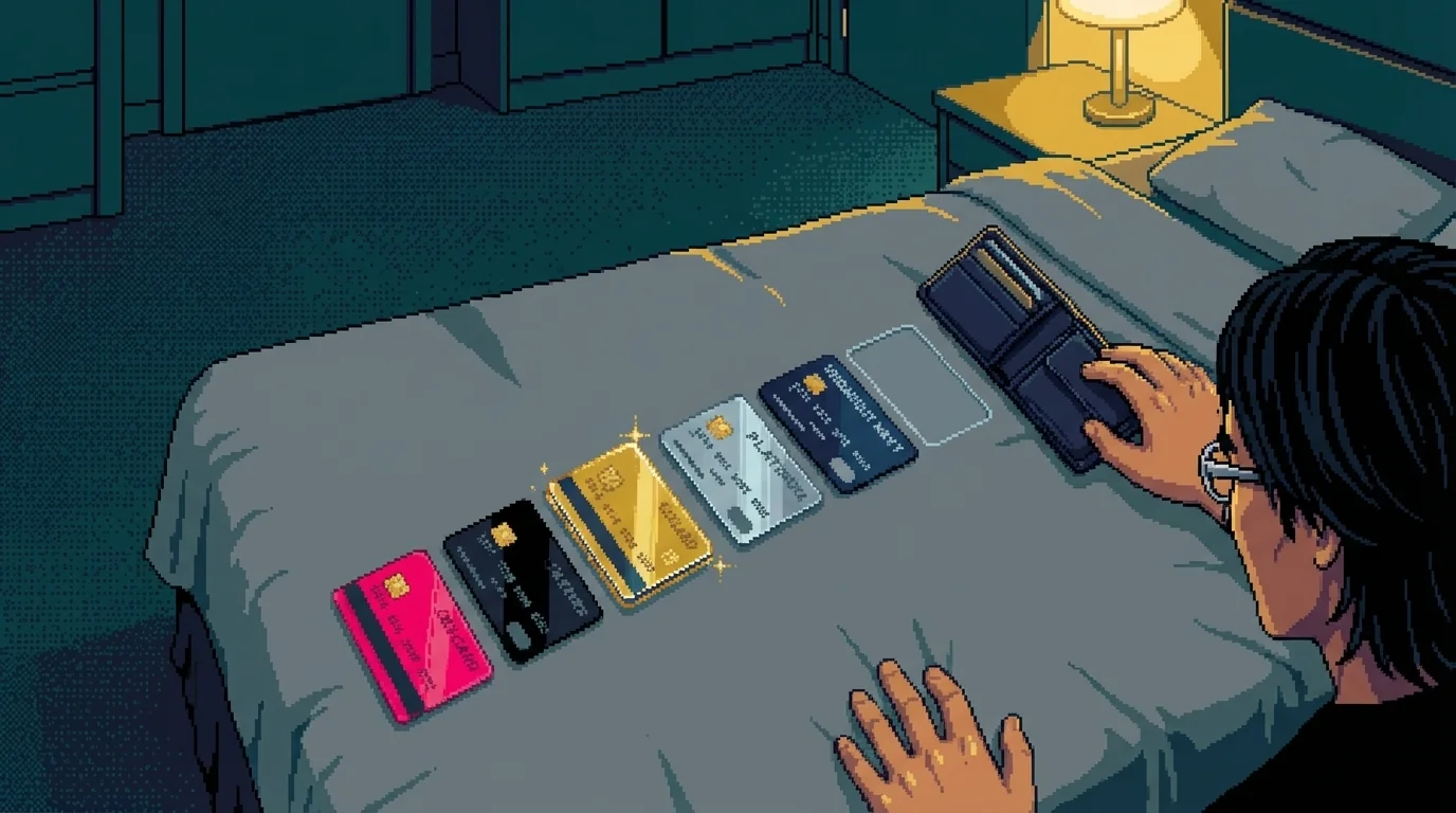 Credit cards and identification laid out in a precise row on hotel bedsheets โ behind the last card, an empty slot