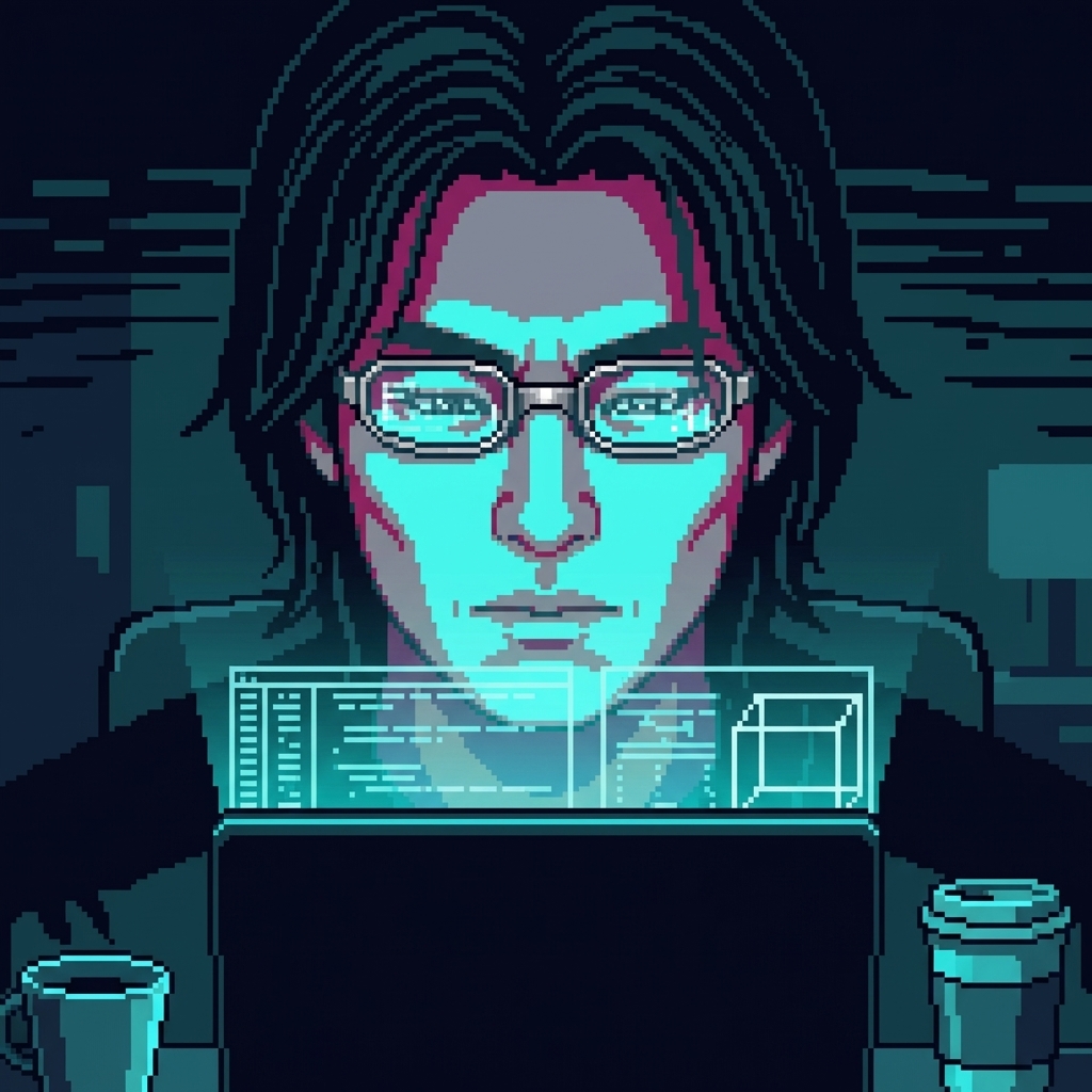 Justin's face at 3:47 AM โ cybernetic eyes bright with processing, illuminated by laptop glow, building the model that would touch 2.3 million lives