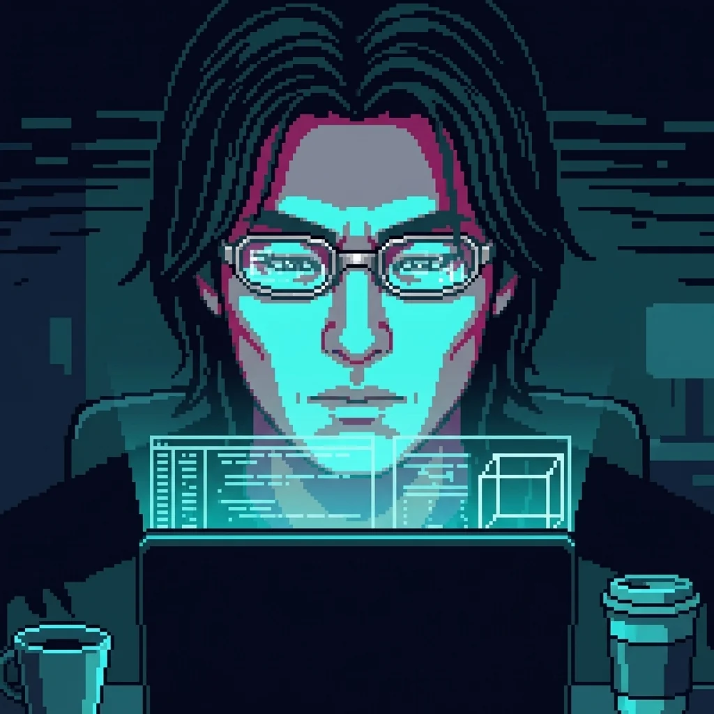 Justin's face at 3:47 AM โ cybernetic eyes bright with processing, illuminated by laptop glow, building the model that would touch 2.3 million lives