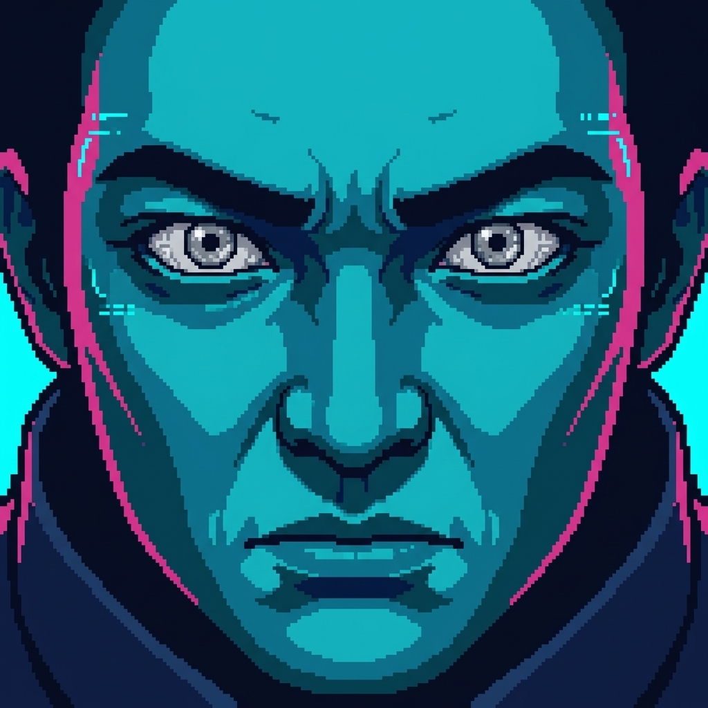 Justin's cybernetic eyes at full resolution โ silver irises contracted, processing indicators flickering at his temples, locked onto something only he can see