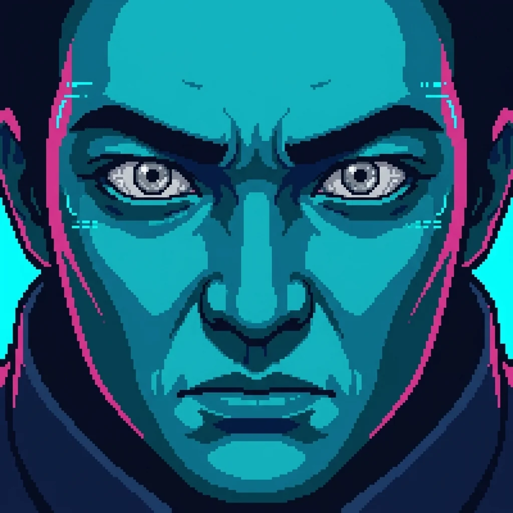 Justin's cybernetic eyes at full resolution โ silver irises contracted, processing indicators flickering at his temples, locked onto something only he can see
