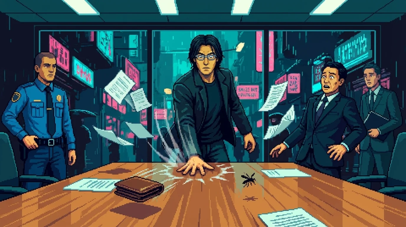 Justin's hand coming down on the table โ flat, hard, fast โ his chair scraped backward, jacket askew, the most powerful financial architect in the Sprawl trying to kill a mosquito