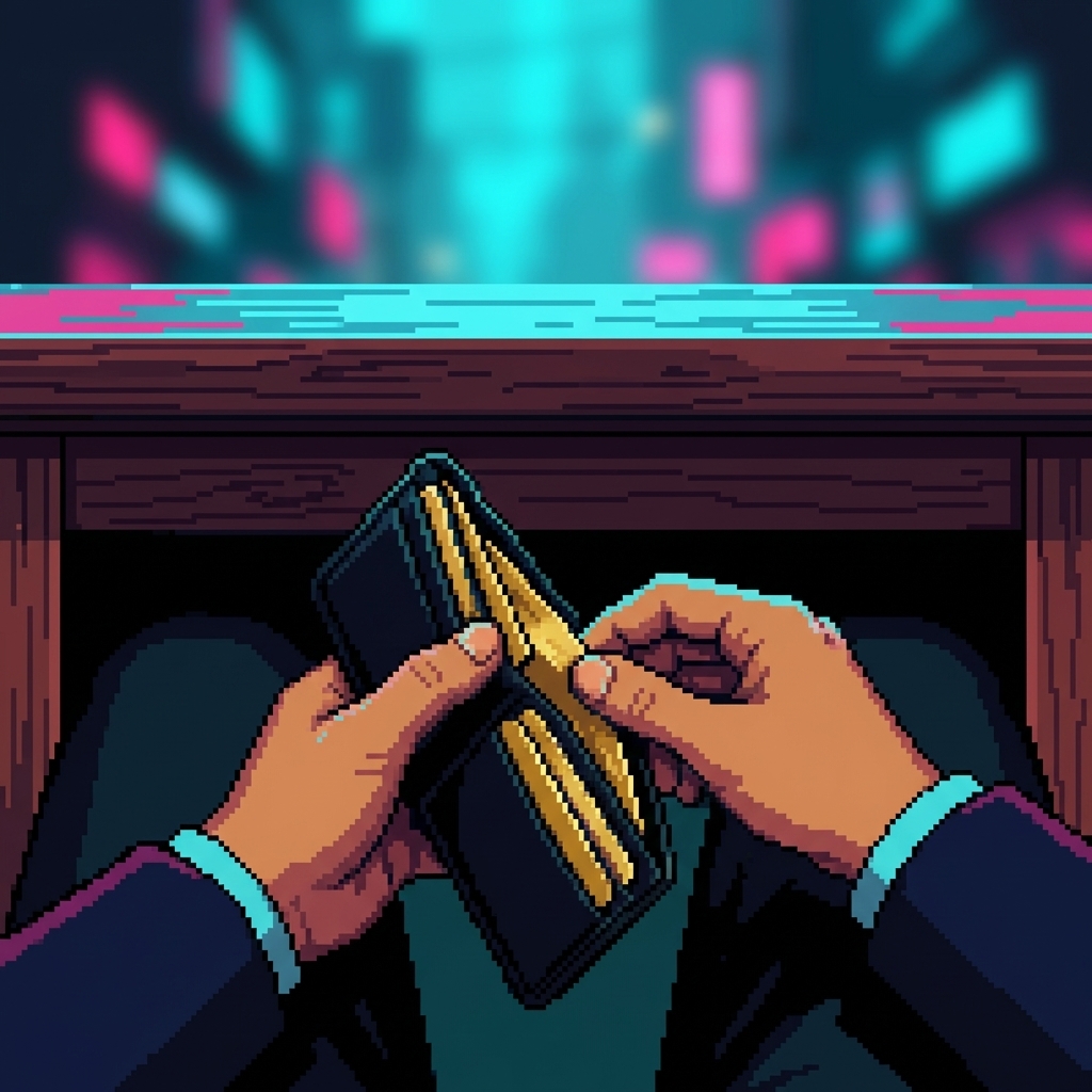 Under the table, where the cameras cannot see โ Justin's hands opening a slim black wallet, touching the cards, a compressed version of the ritual