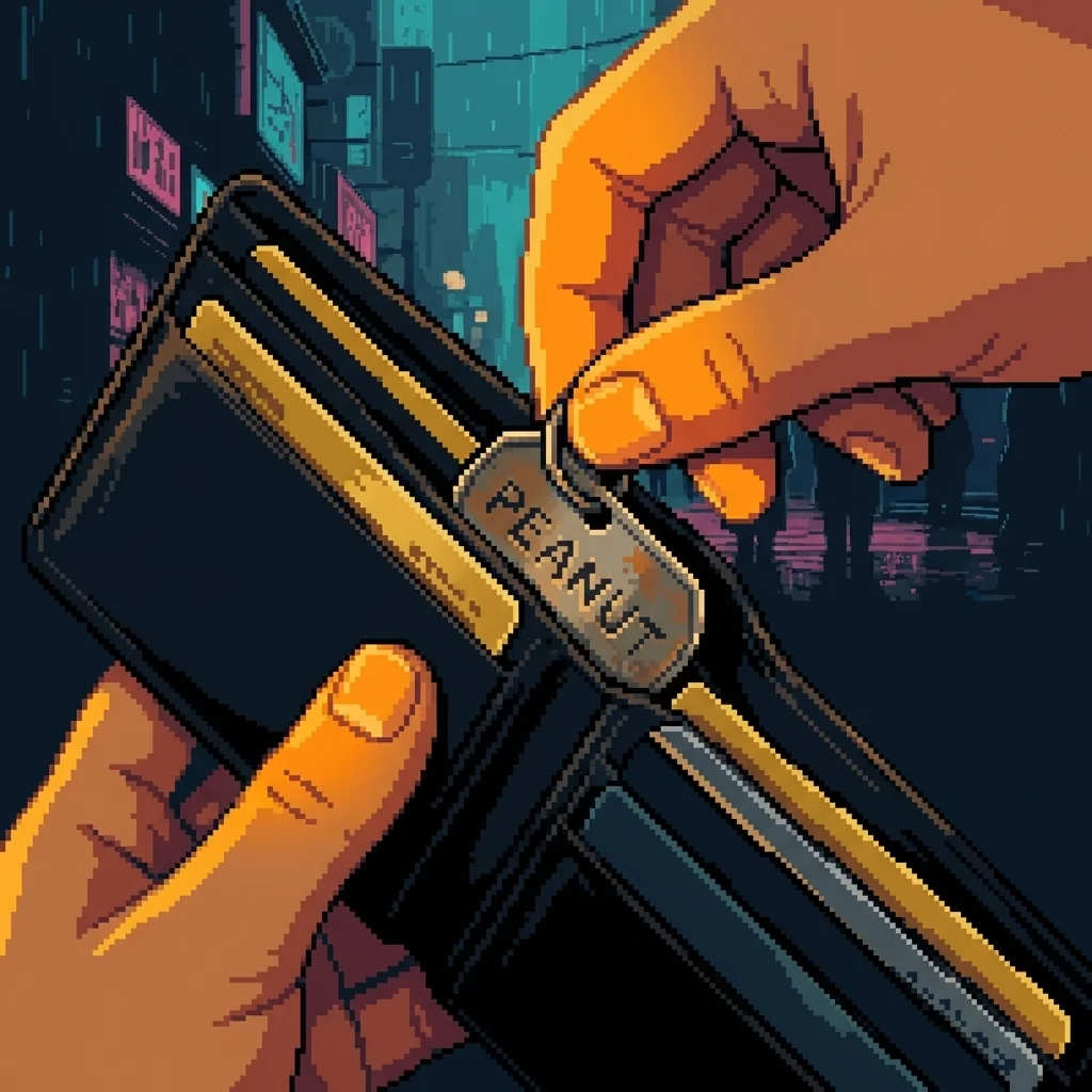 A slim black wallet open to the last card slot โ behind it, a small stamped metal tag that says PEANUT, fitting exactly into the space where nothing had been