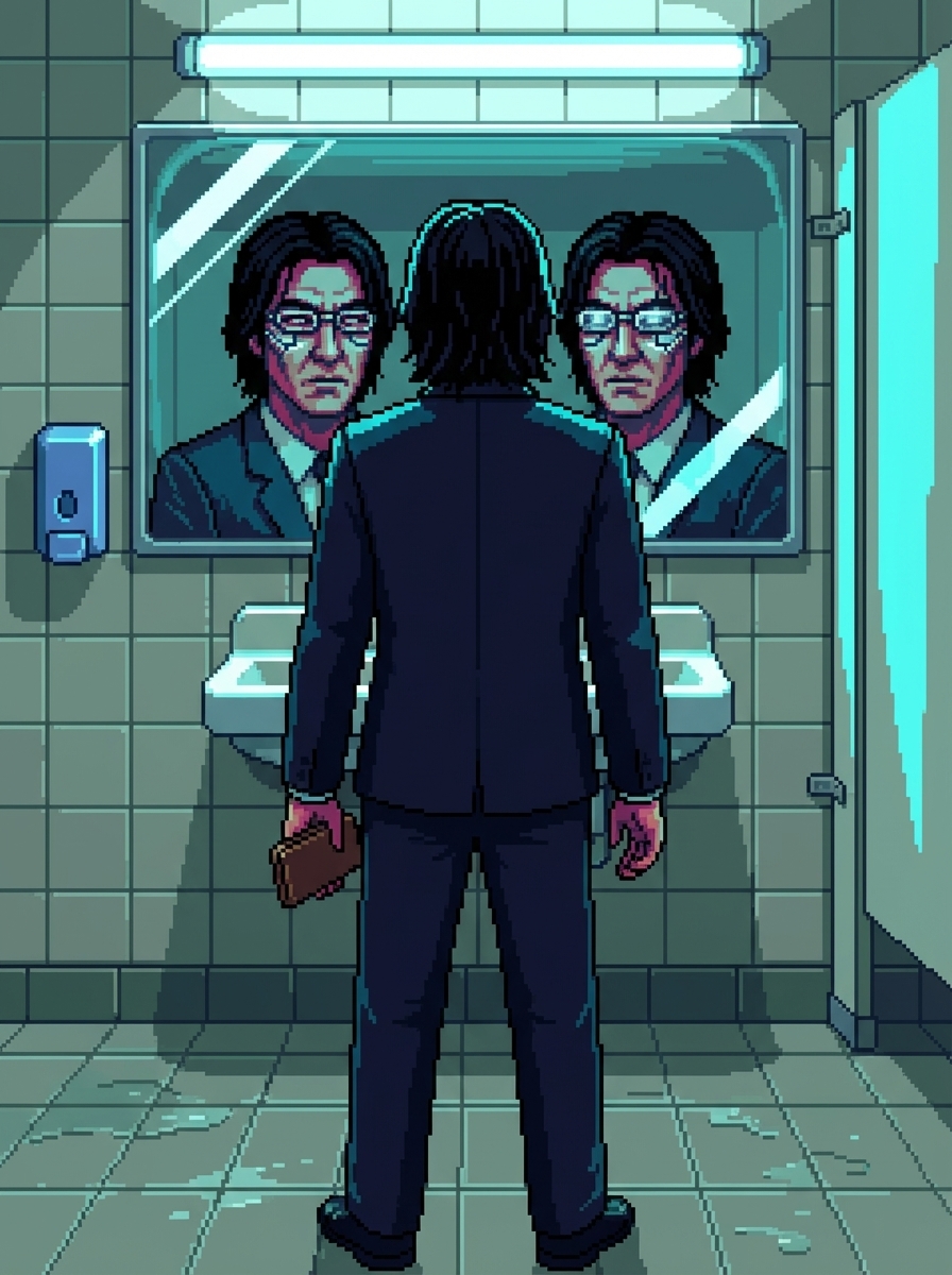 Justin processing his own face in a government bathroom mirror โ cybernetic eyes measuring pupil dilation, skin temperature, micro-expressions across forty-two facial muscles