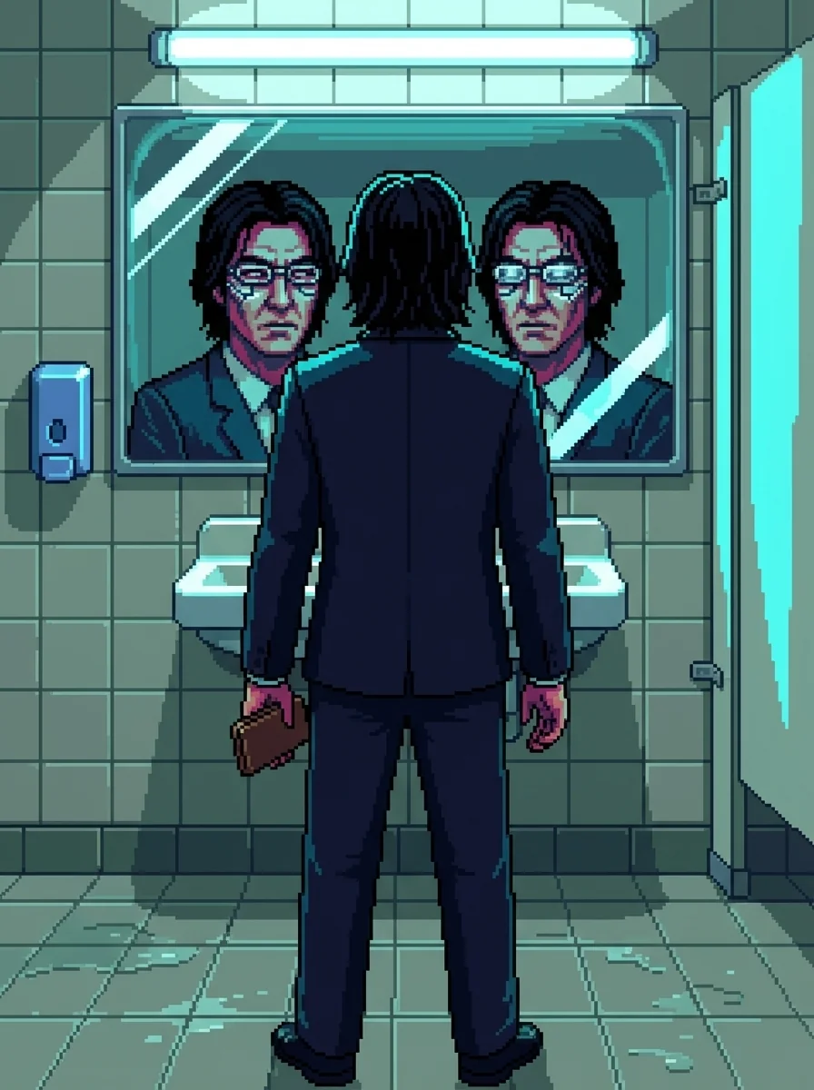 Justin processing his own face in a government bathroom mirror โ cybernetic eyes measuring pupil dilation, skin temperature, micro-expressions across forty-two facial muscles
