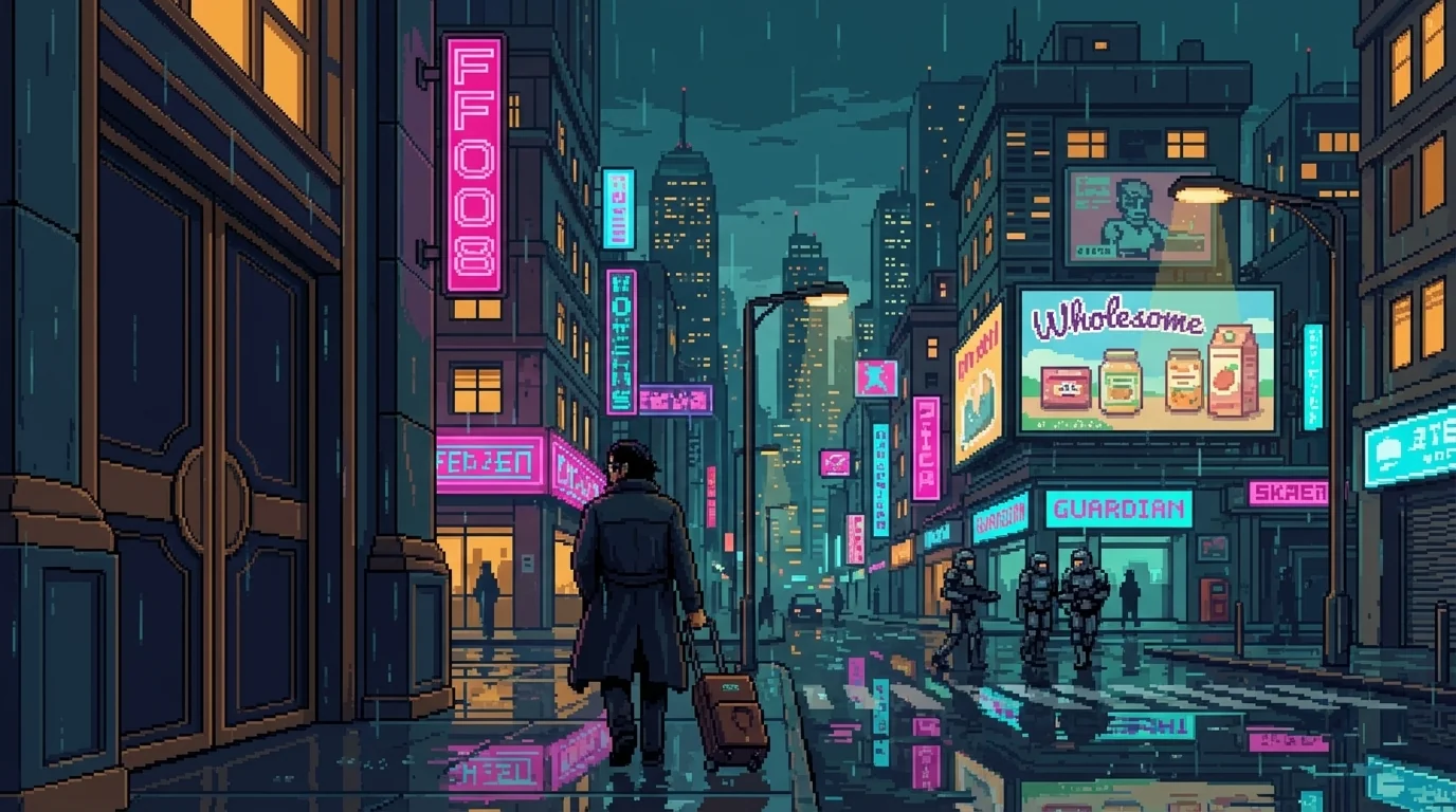 Justin Rothwell walking out of the building and into the Sprawl โ pharmacy case trailing behind him on its small precise wheels, the city waiting with its eighteen sectors of light and noise