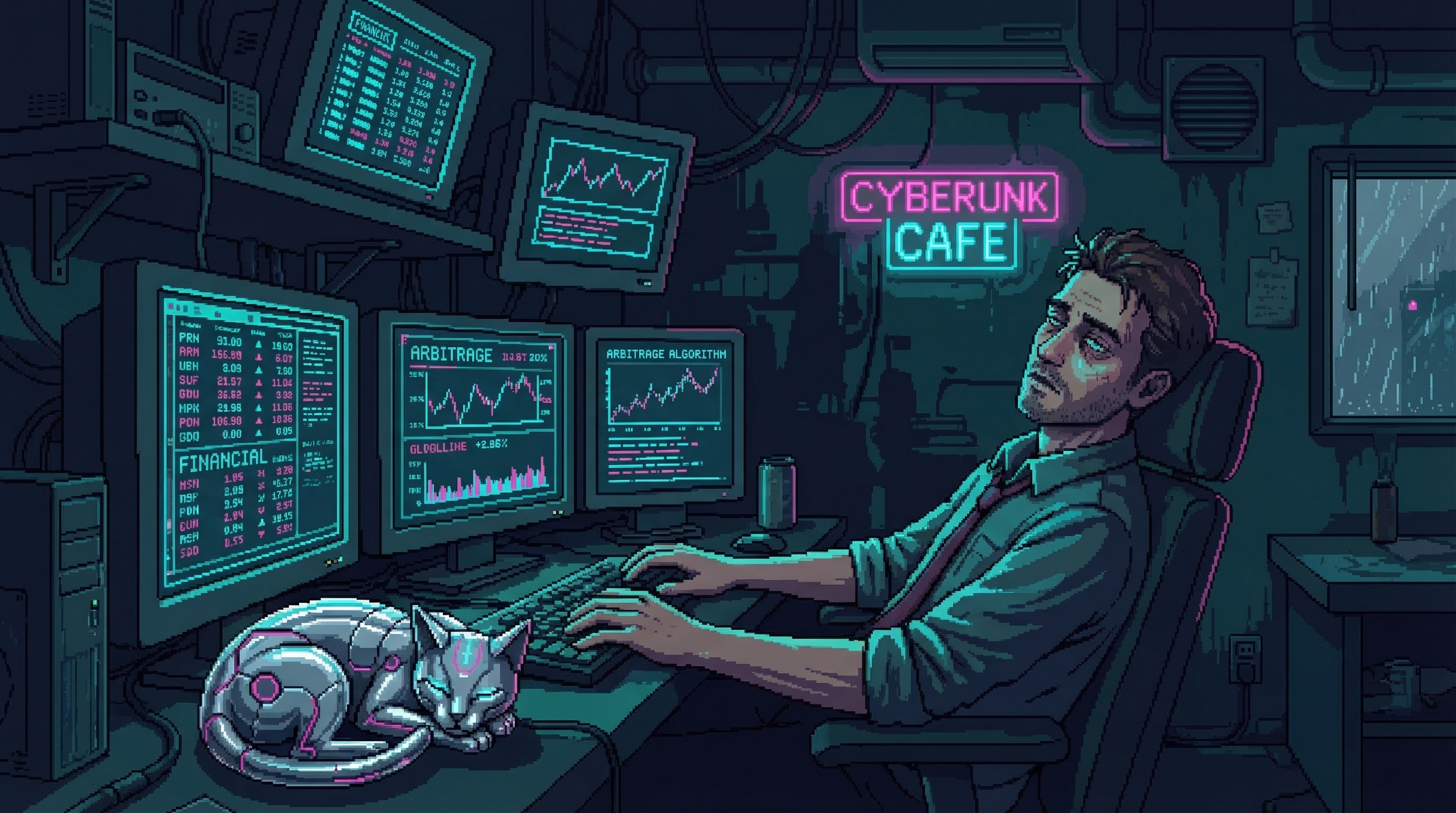 A man sits before multiple screens displaying financial data and flowing charts in a dim back room. Cyan data streams illuminate his face. A sleek cyber cat watches from nearby, its eyes reflecting the screen glow.