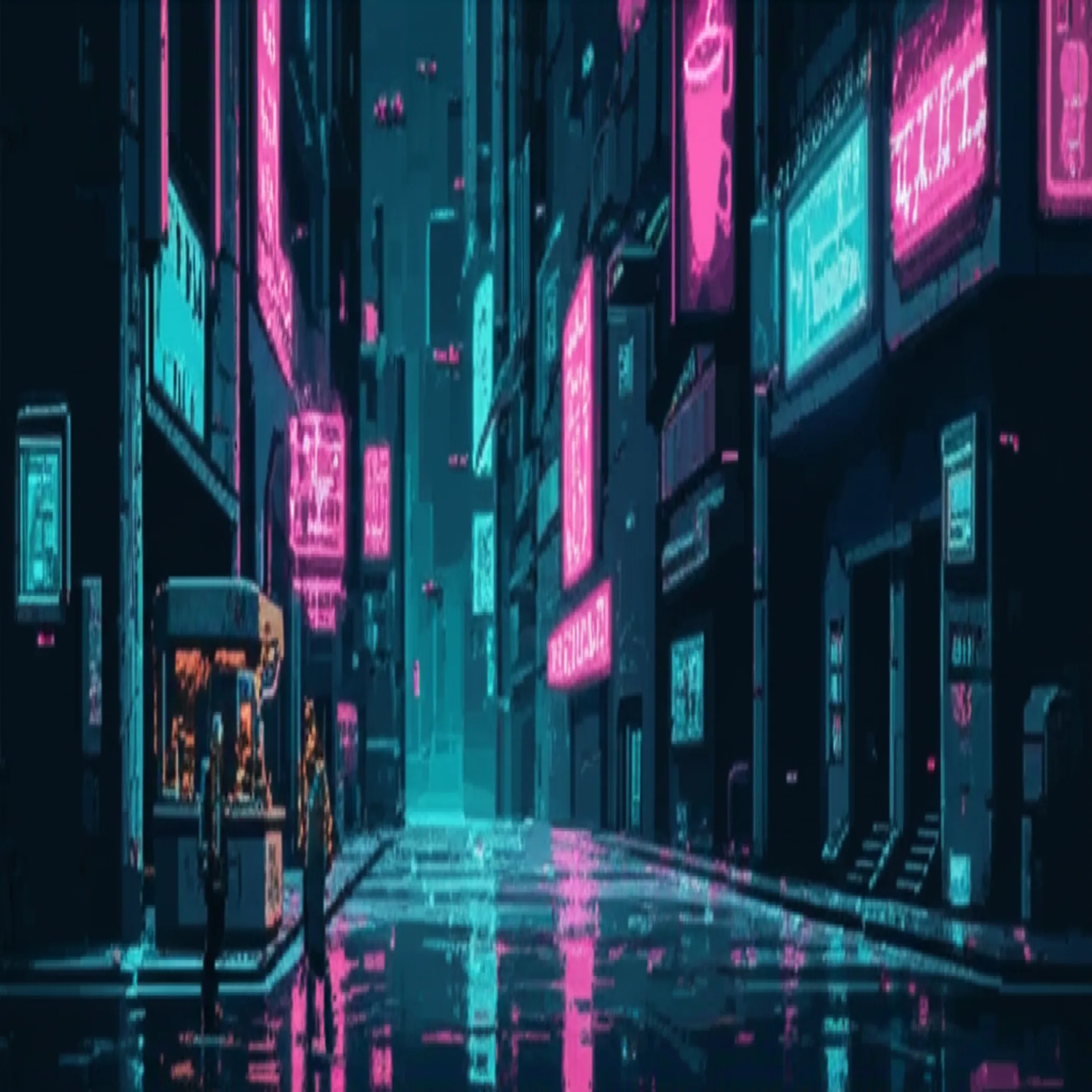 GG stands at a rain-slicked coffee cart in Sector 15, neon signs reflecting in puddles