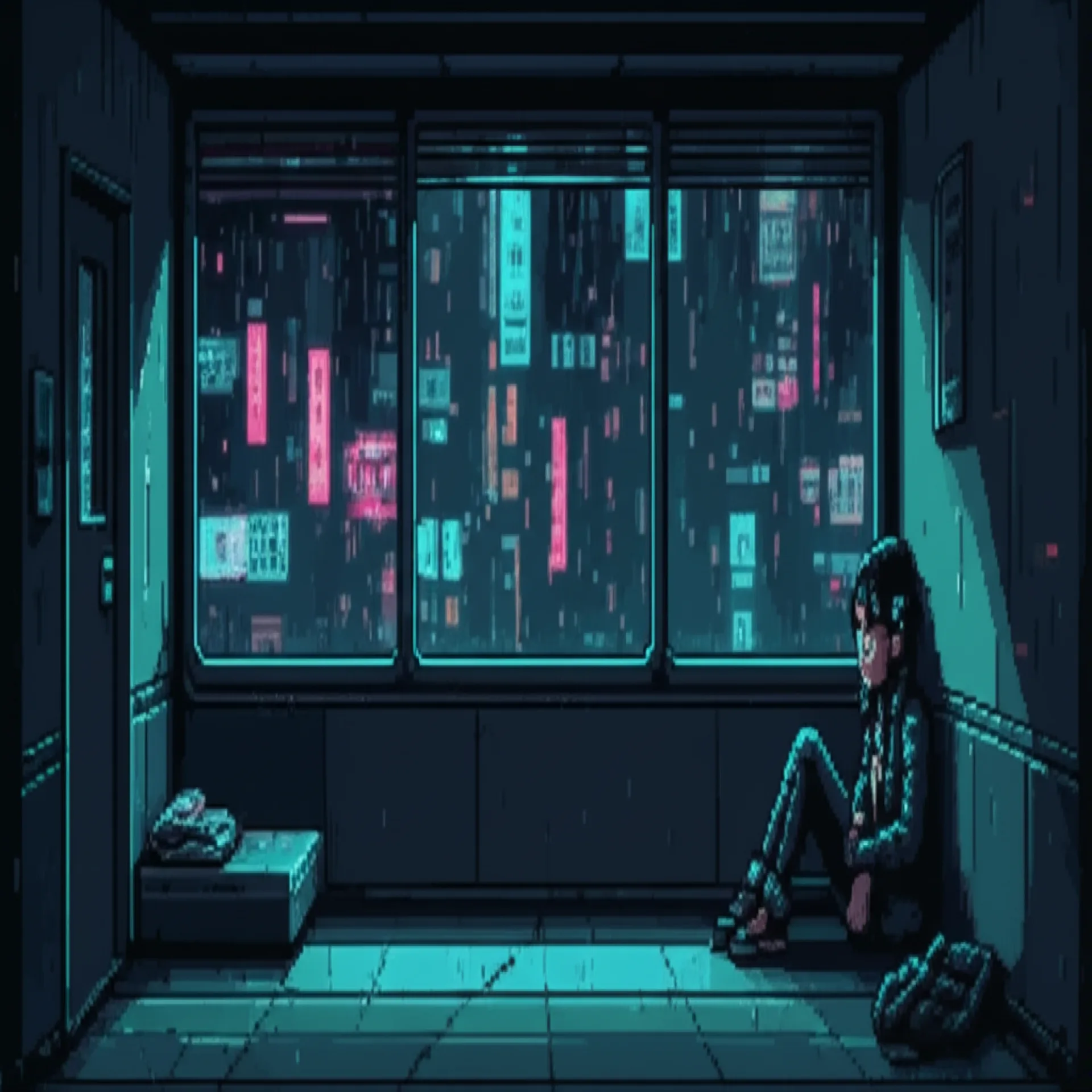 GG sits against a wall in her safe house, neon light from outside casting blue shadows. Rain streaks the window.
