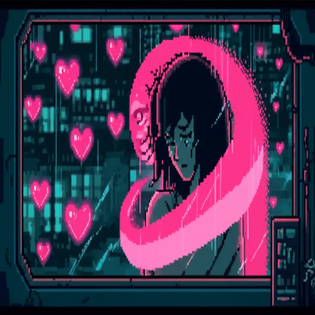 Hearts appear on the window glass, fading in and out like neon fireflies. Chompy's form wraps around GG in a phantom embrace.