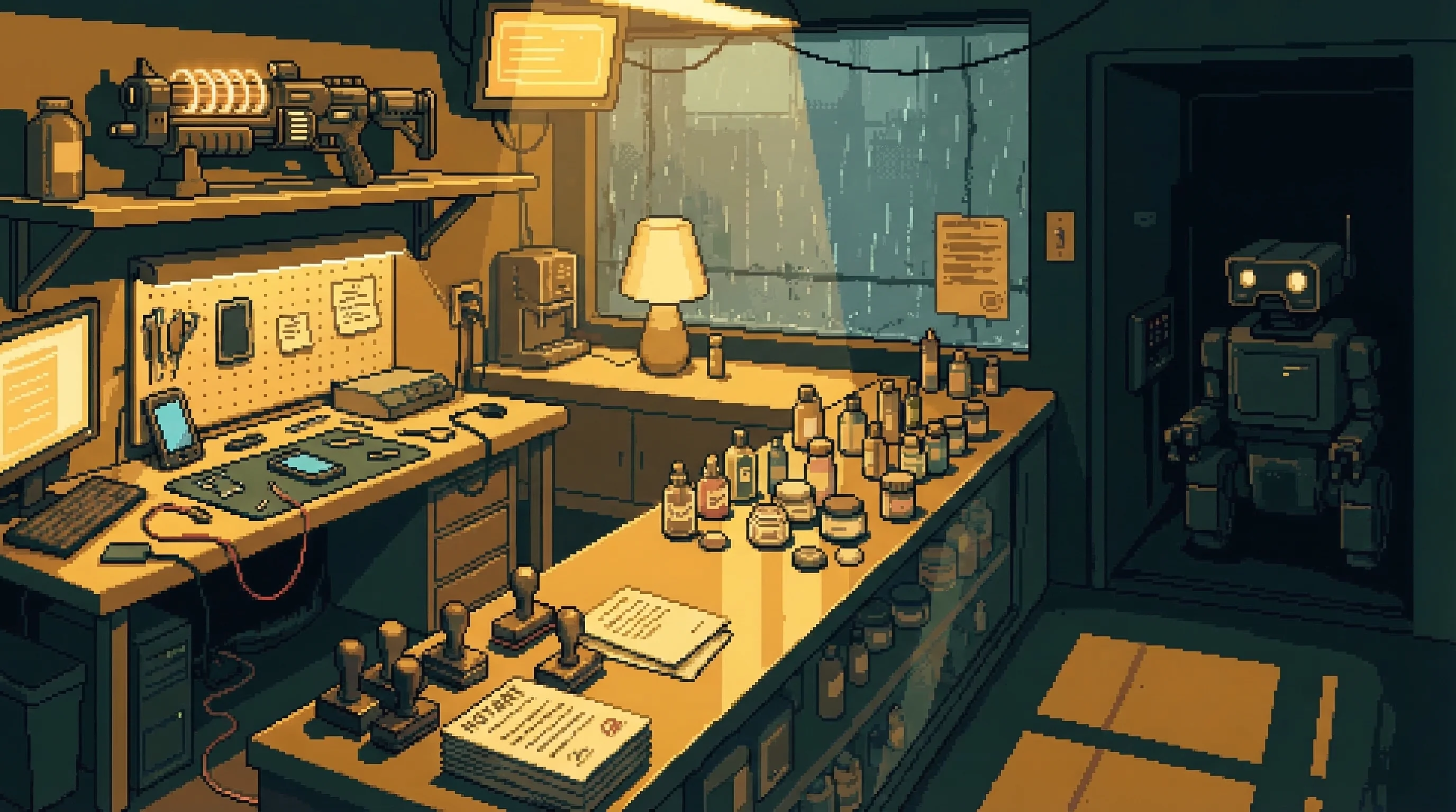 The Inspire Exchange — amber-lit chaos of a shop that does everything simultaneously