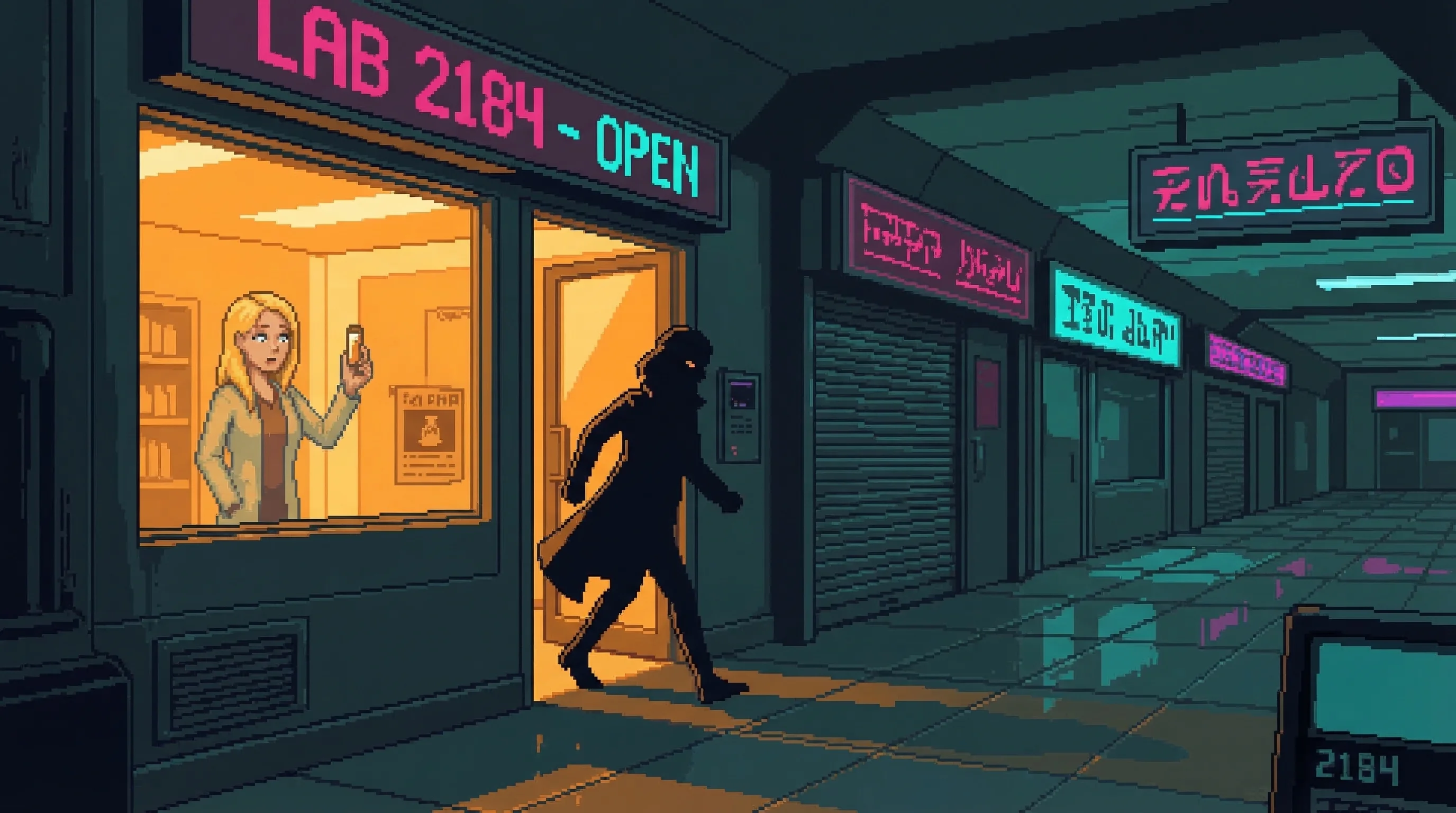 A woman silhouette leaving through the Exchange door, Olga watching with a baffled expression