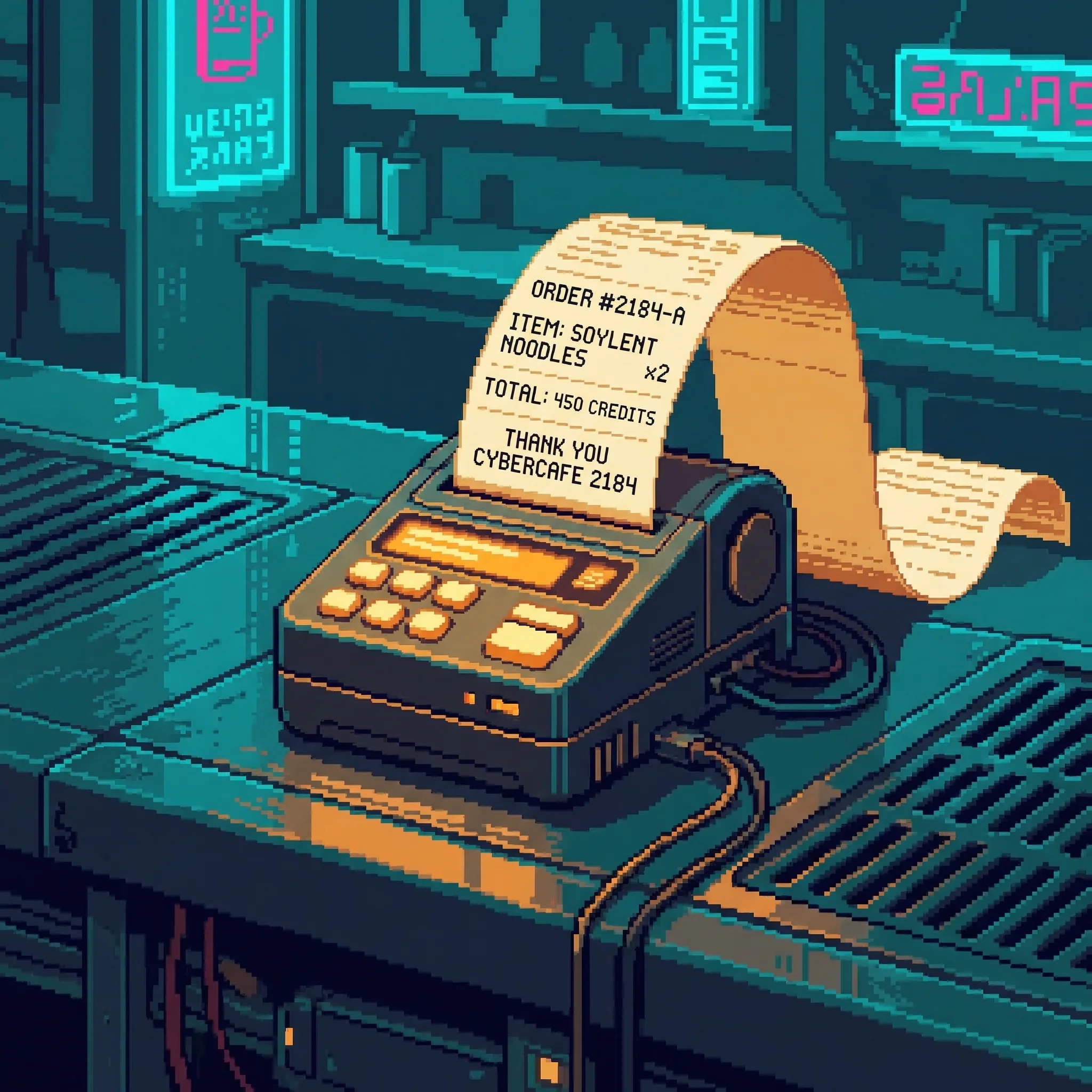 The thermal printer — a receipt curling out in amber light