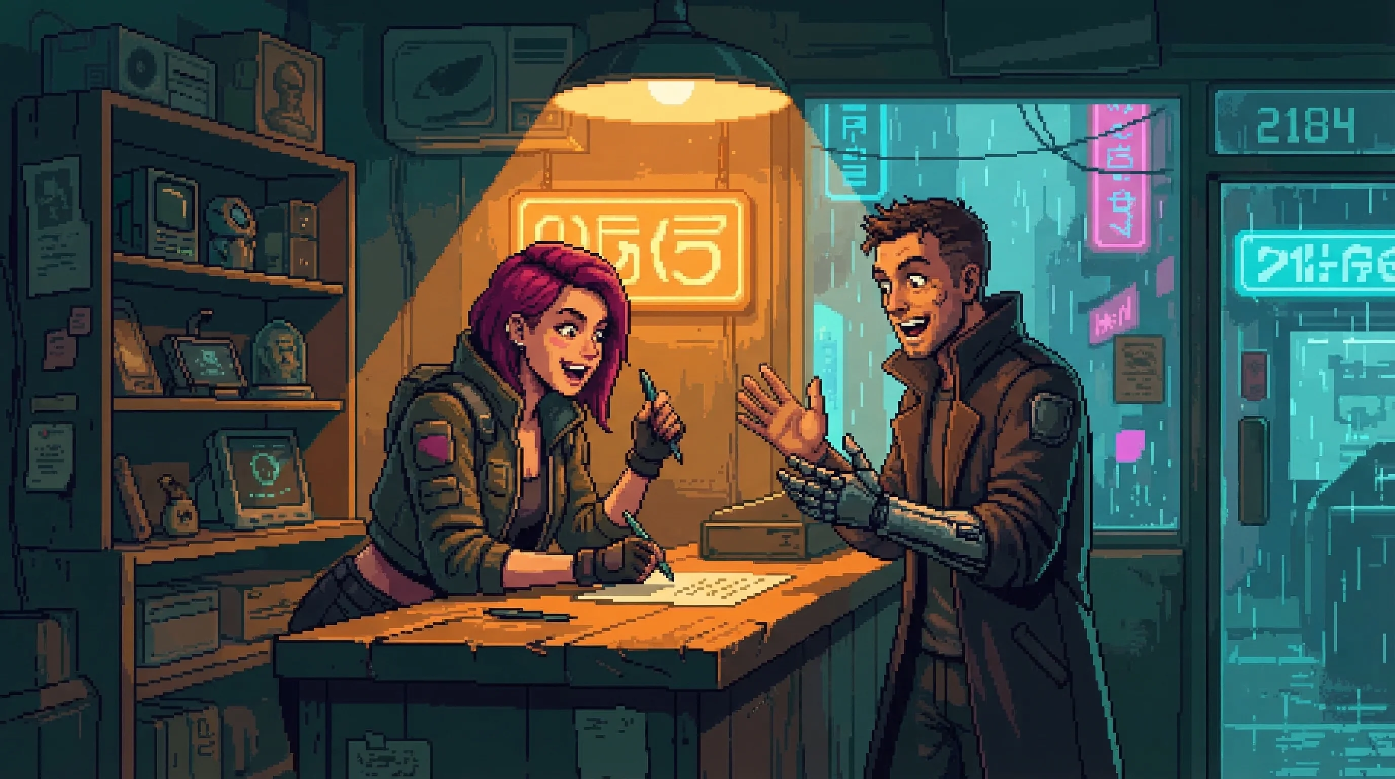 Two people leaning toward each other, animated with shared outrage, a piece of paper between them