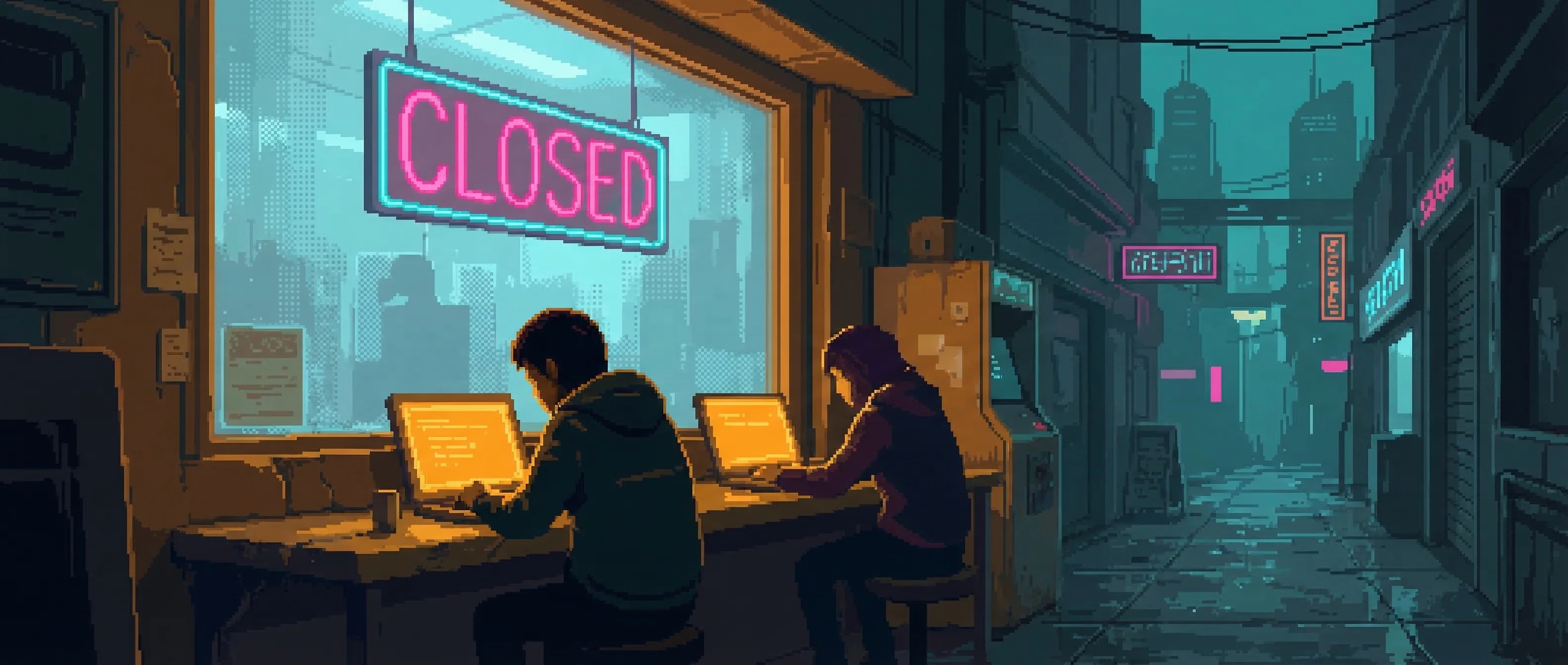 Both at screens in the amber-lit Exchange at 2am, CLOSED sign visible through the frosted window
