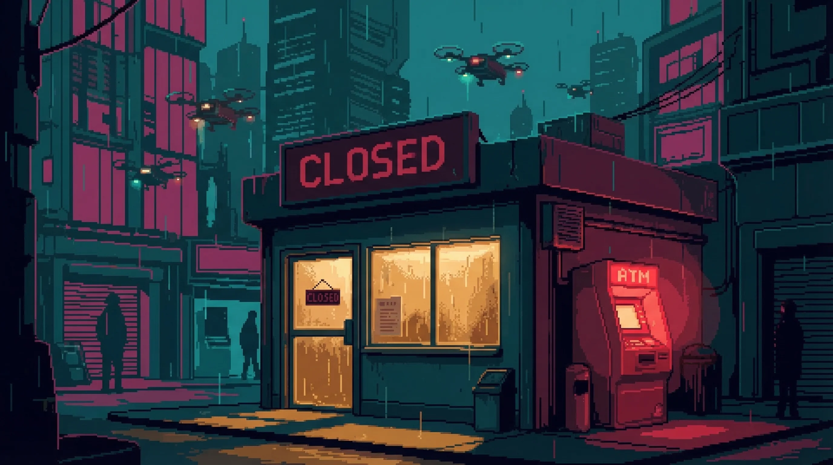 The Exchange sign reading CLOSED at night, amber light glowing through the frosted window, Good Fortune ATM in the alley