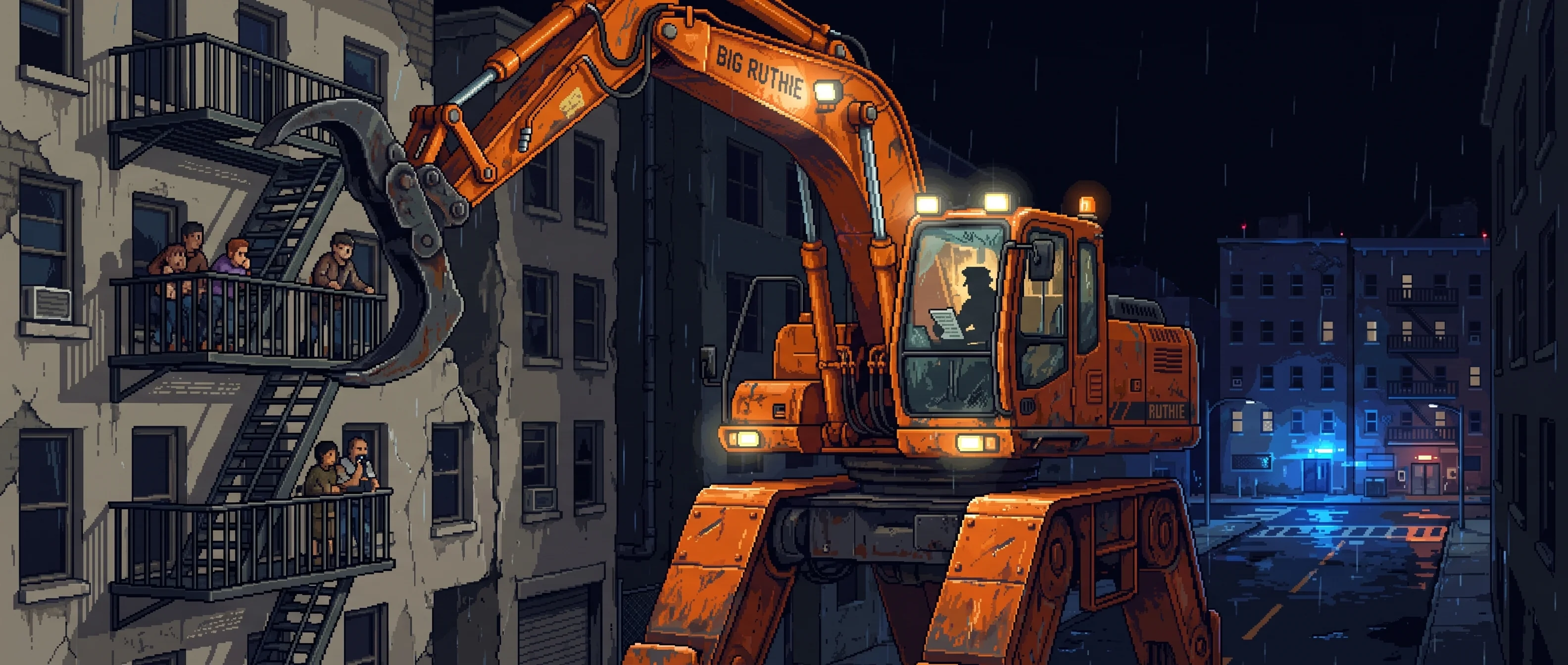 The moment the Block 22 corridor redeployment order arrives while the grapple still holds a collapsed facade off a fire-stair egress — the machine visibly caught between two emergencies