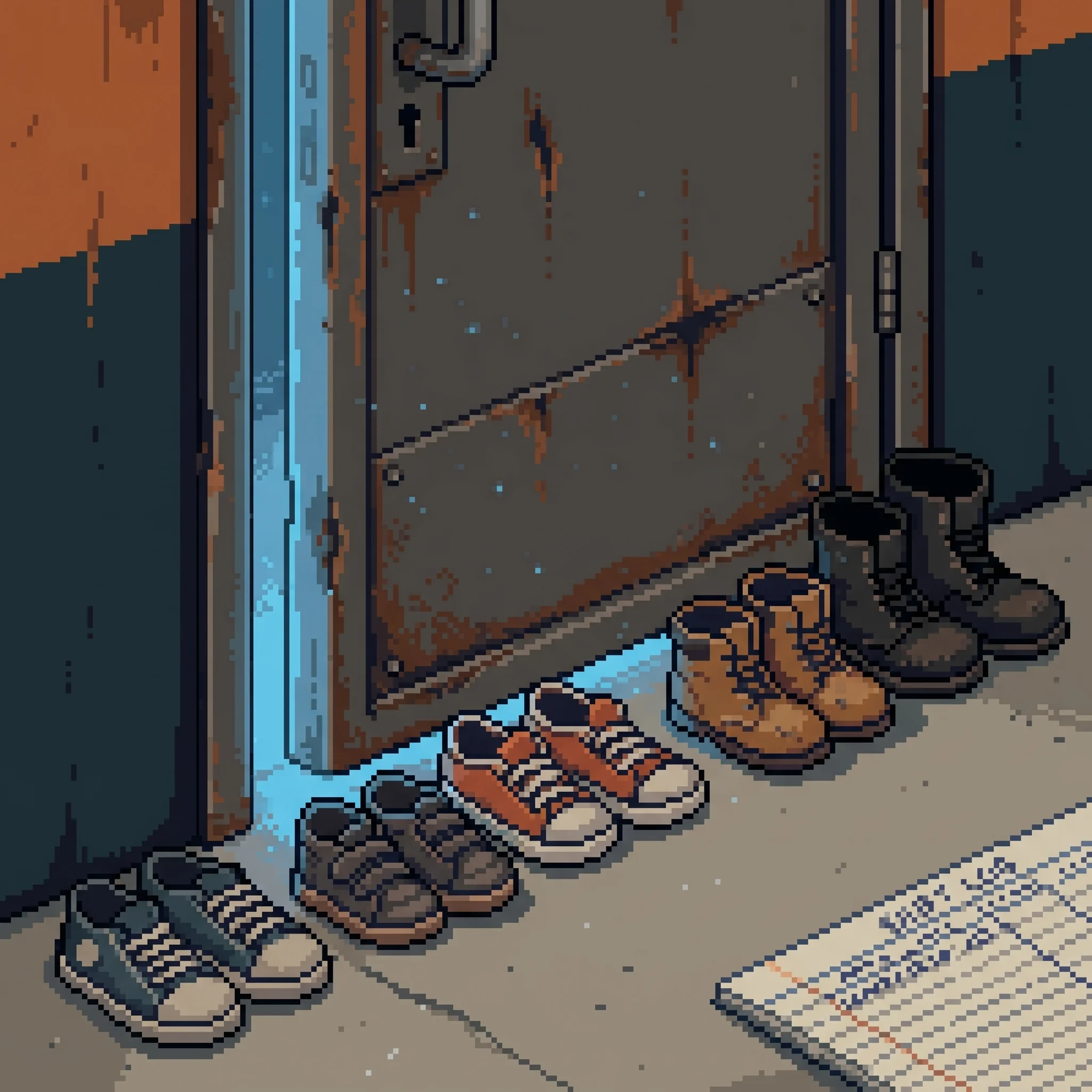 The shoes lined by the stairwell door for a canceled fire drill