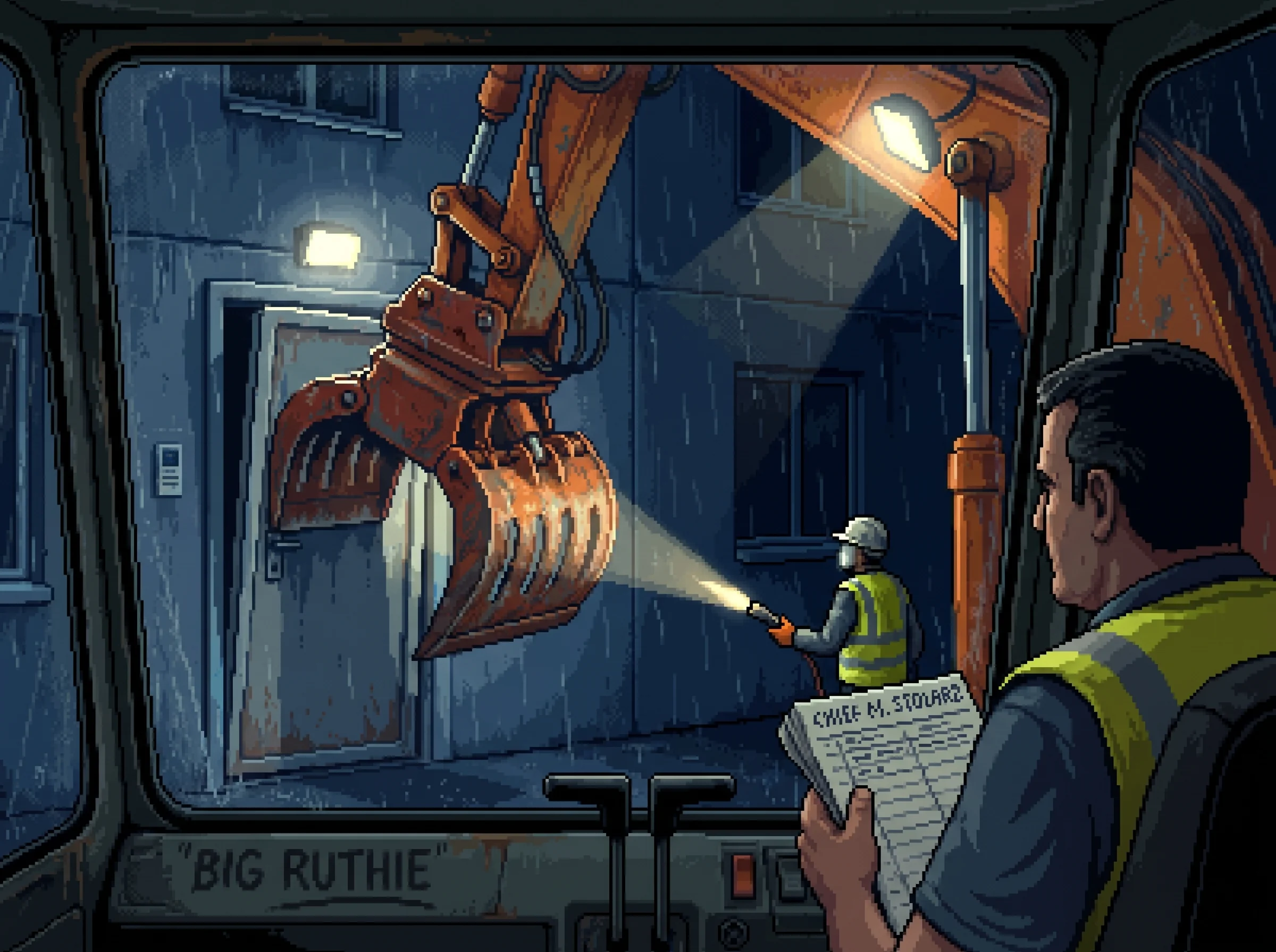 The grapple mid-pull on a sealed habitation-block door, one rigger's torch light, a super holding it for them