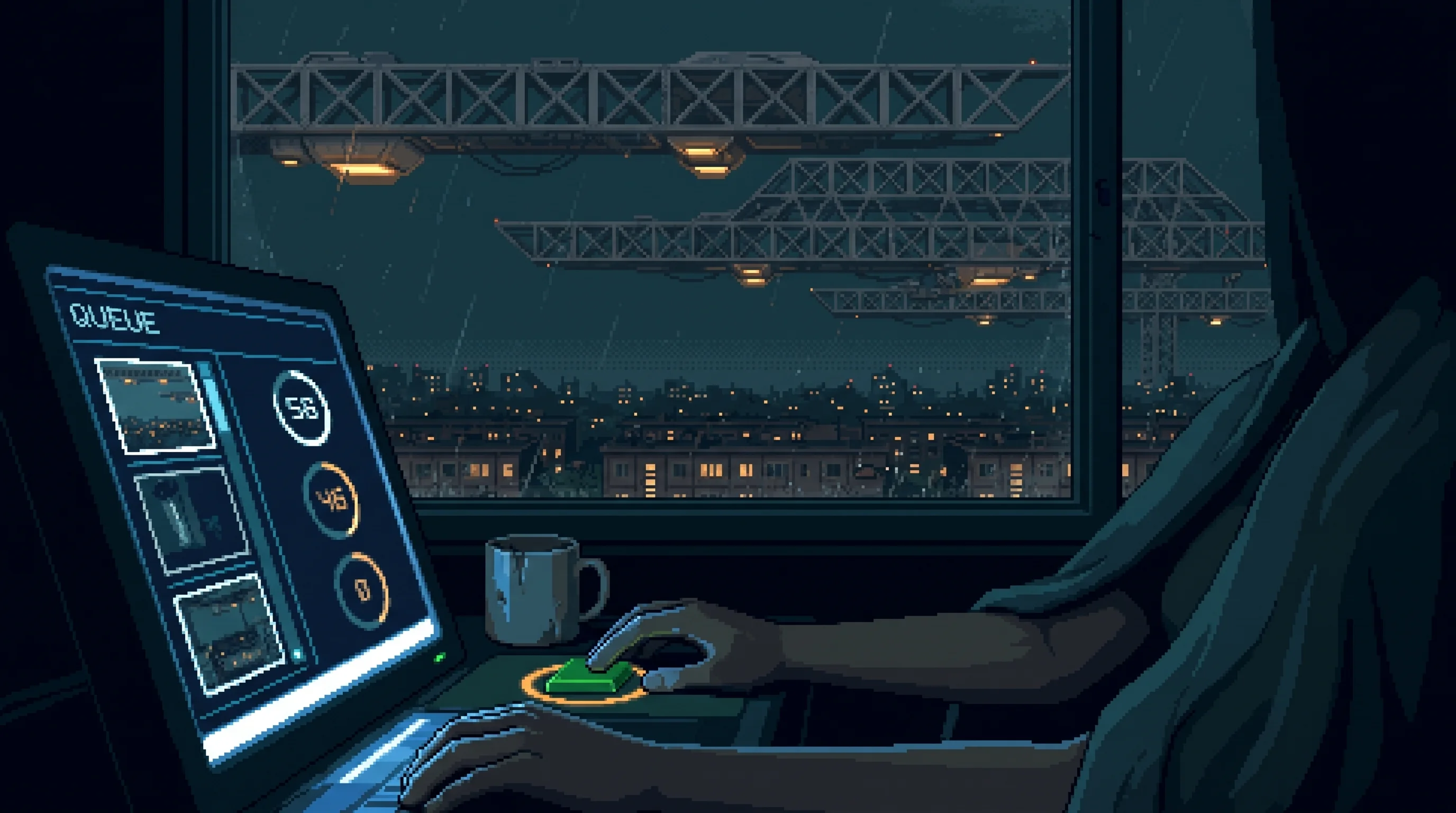 The world above the frame — Sector 9 at night, the swarm's mesh doubling as civilian signal