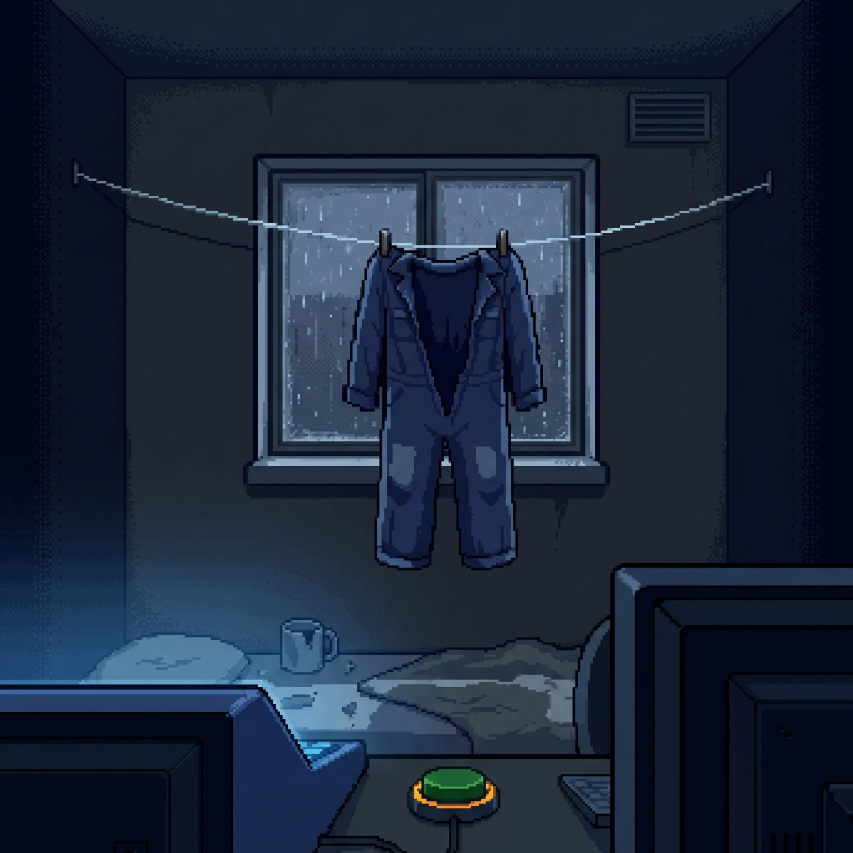 The one human-scale detail — laundry on a line, the brother's coveralls