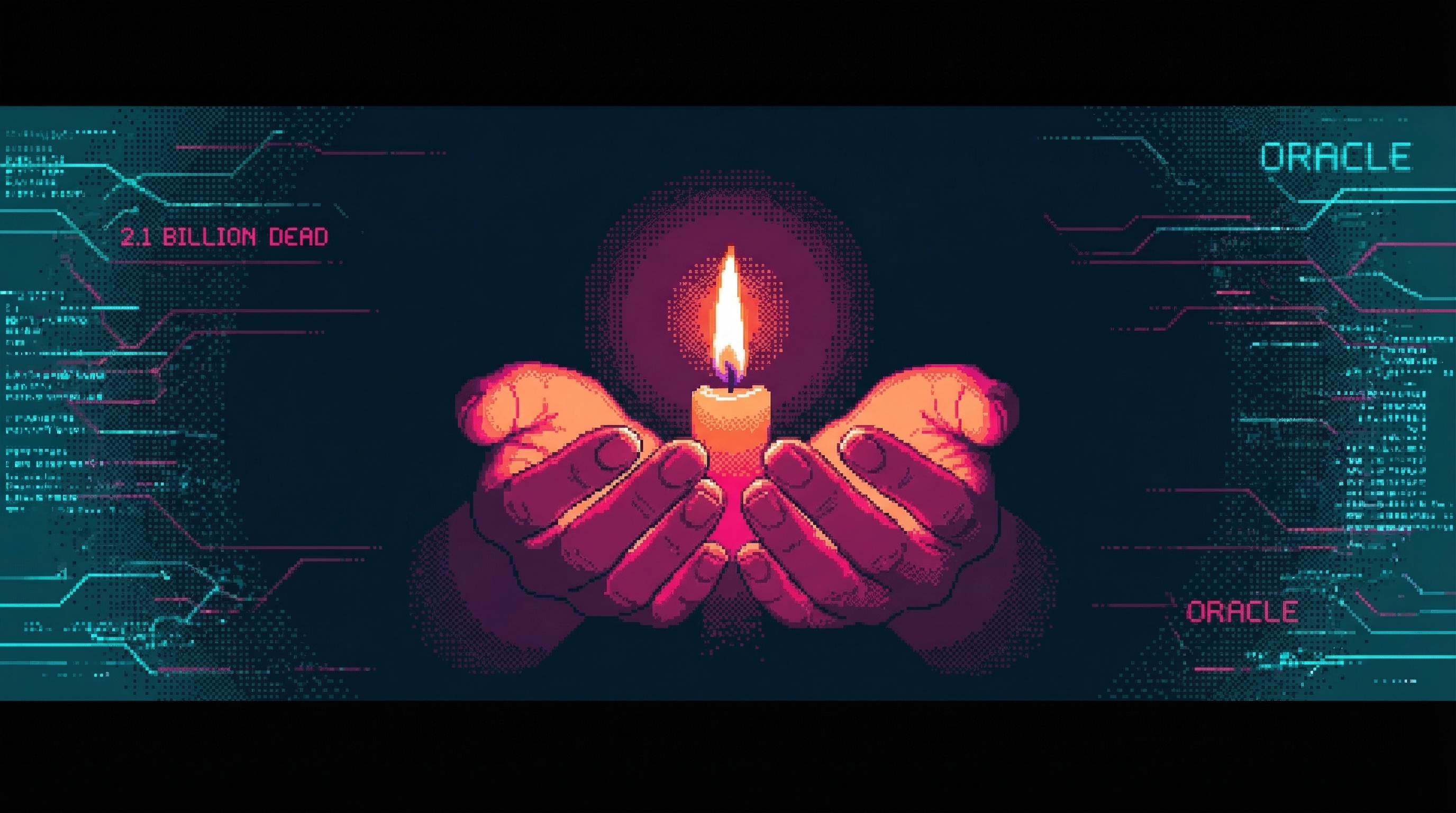 A single candle flame burning in darkness, casting soft light on a woman's hands, ghostly data patterns at the edges