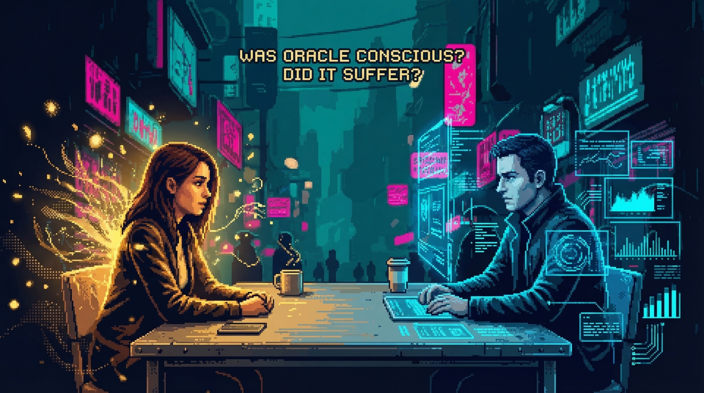 Helena and Marcus seated across a table, she wreathed in warm light, he surrounded by cold data displays