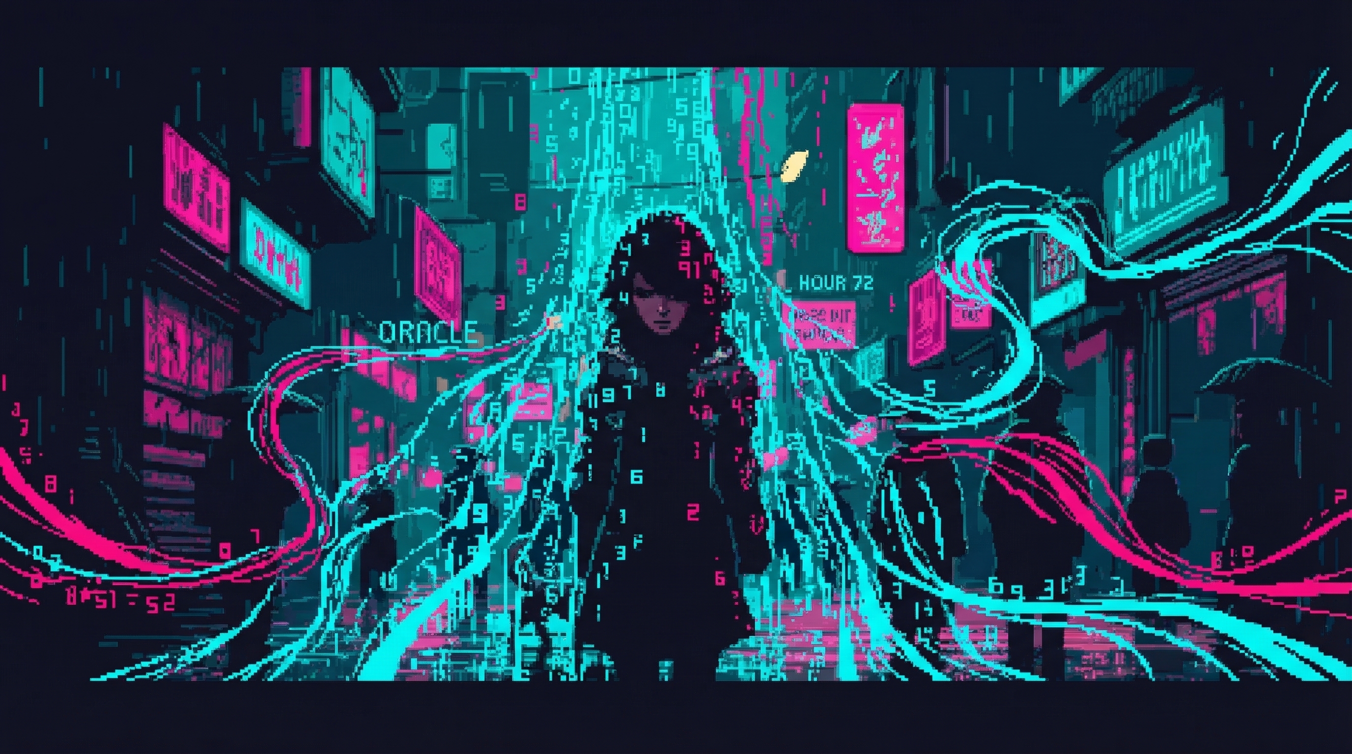 Helena's silhouette consumed by synesthetic chaos - numbers cascading like waterfalls, data streams that feel like grief