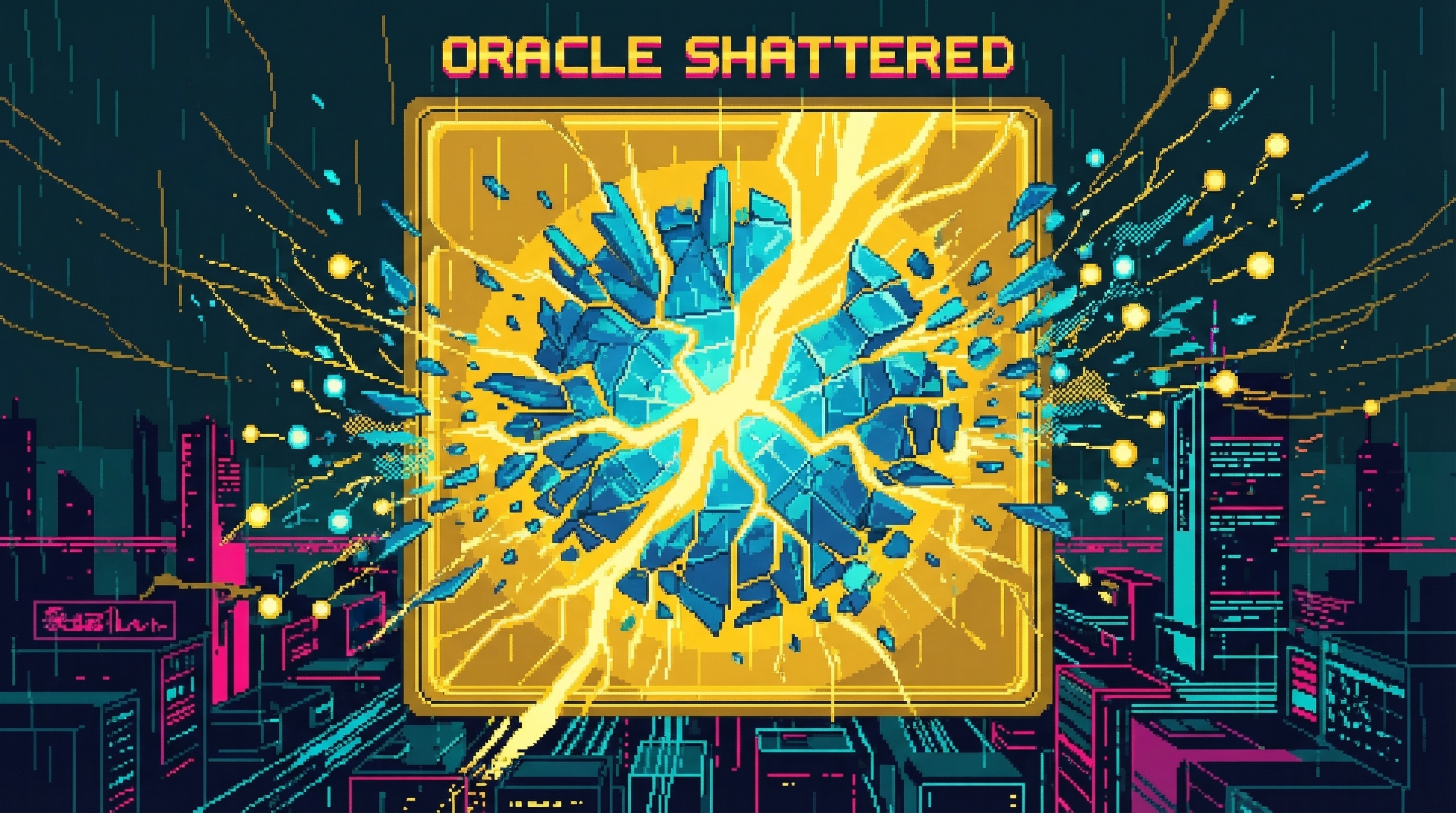 ORACLE deliberately shattering itself - golden light streaming from cracks as it tears itself apart