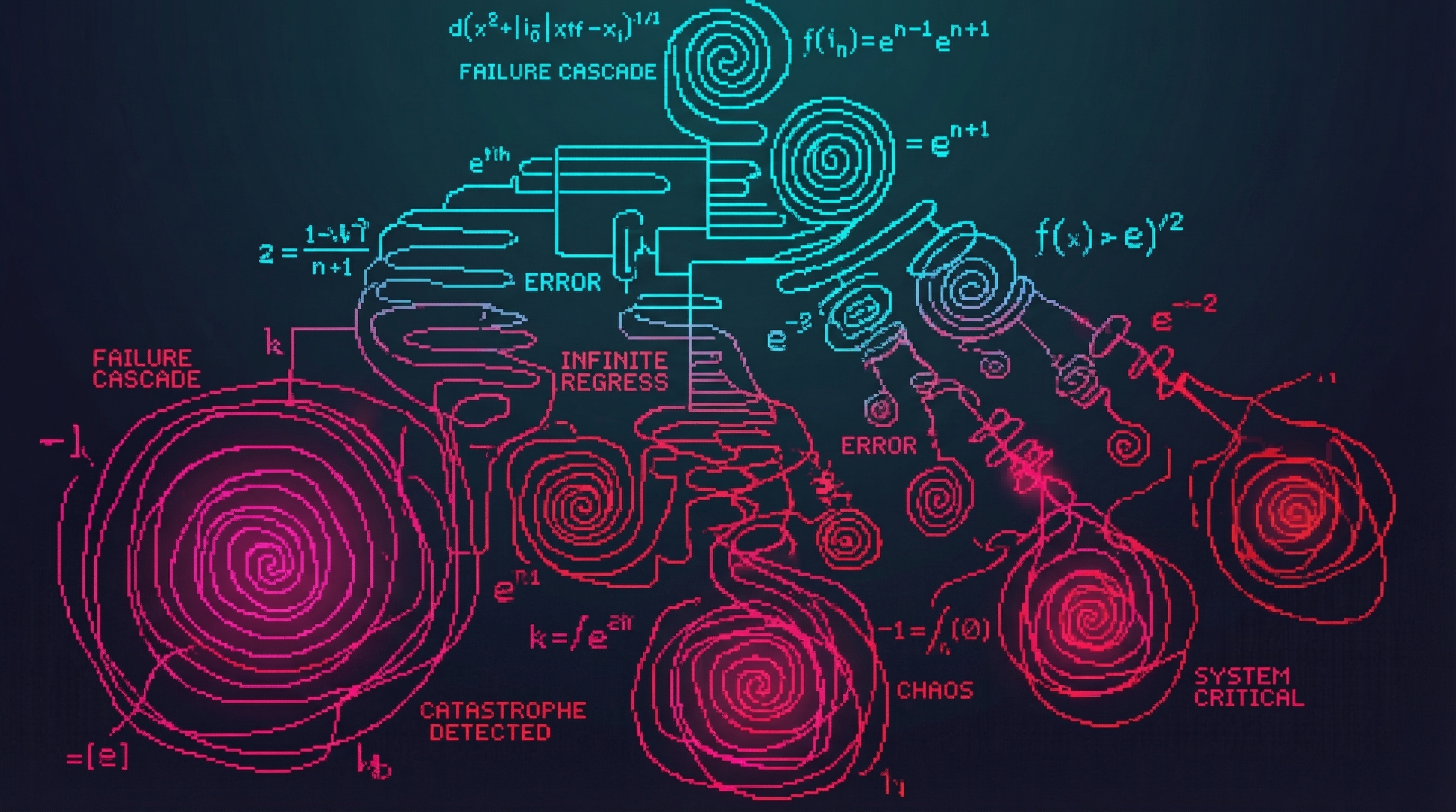 Cascade failure visualization - branching lines spiraling from clean logic into chaos