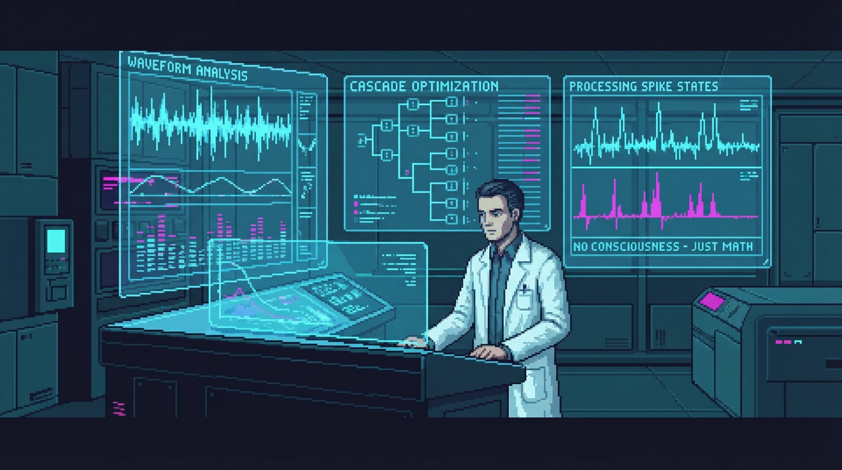Marcus's sterile laboratory with holographic data displays showing waveforms and cascade visualizations