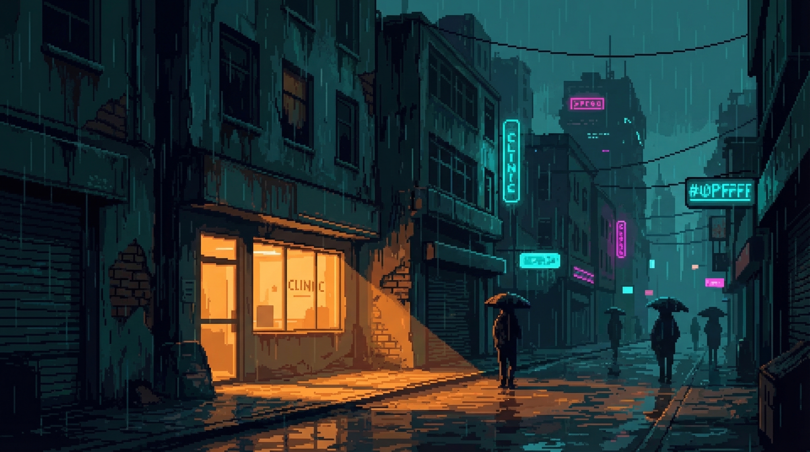 The Cathodics at night - warm amber light spilling from a clinic window onto rain-slicked streets
