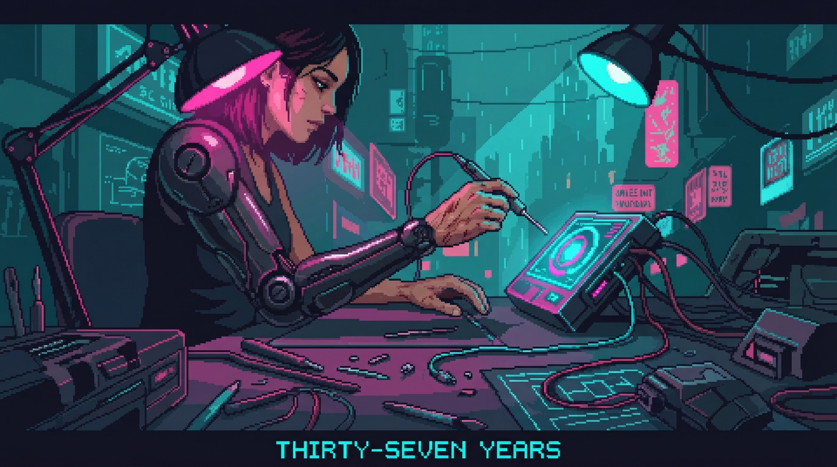 Patch at her workbench - chrome arm gleaming, scarred human hand holding neural probe