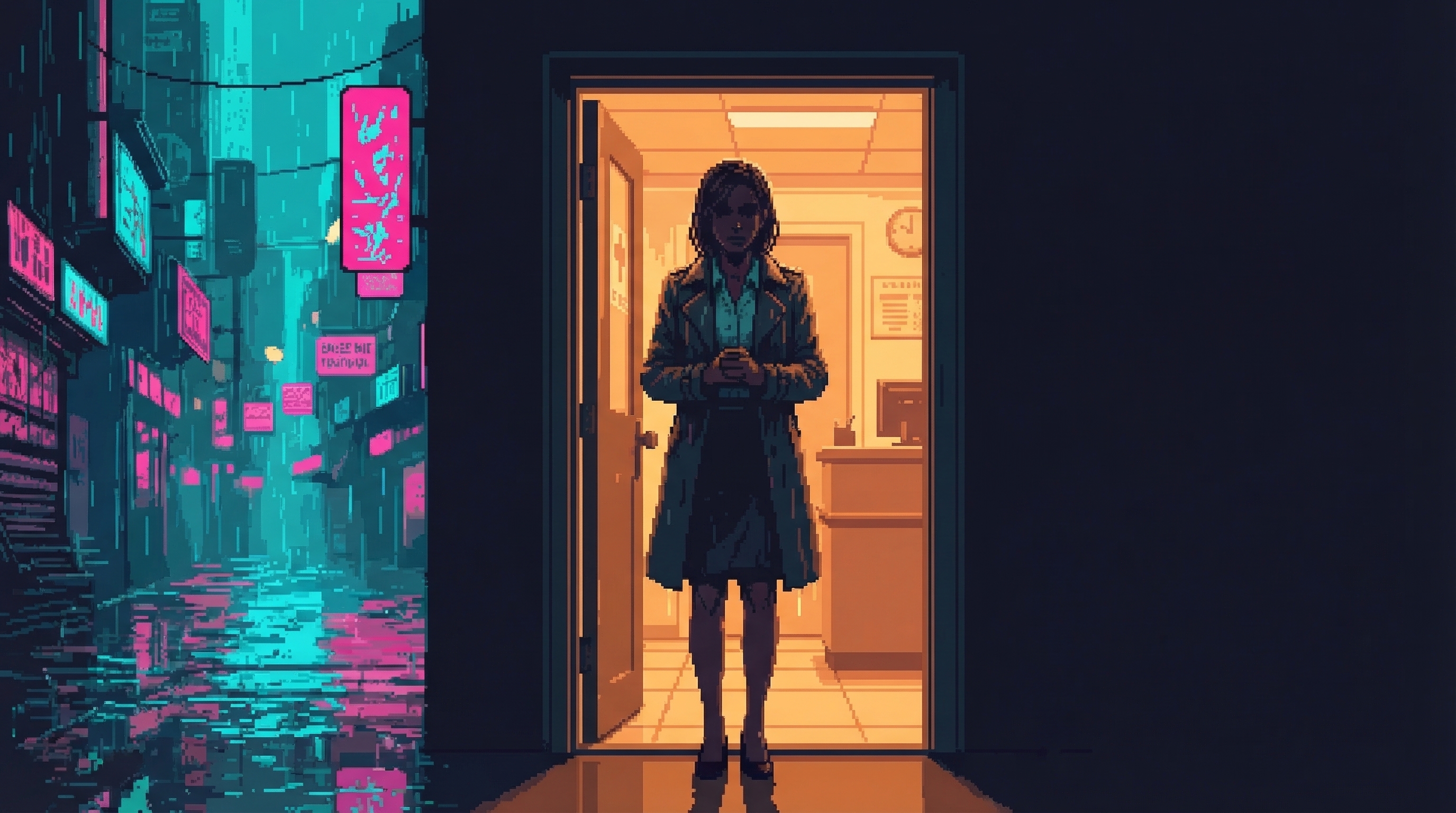 Yumi silhouetted in clinic doorway, neon rain behind her