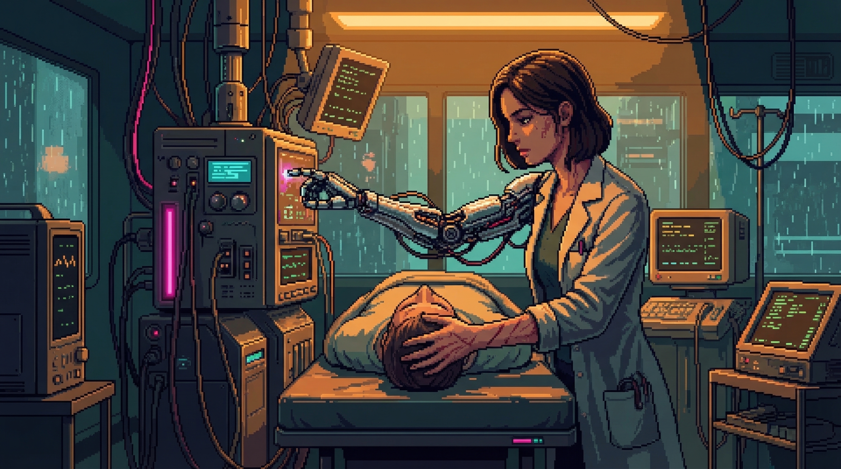 Patch's chrome arm interfacing with diagnostics while her human hand steadies Yumi