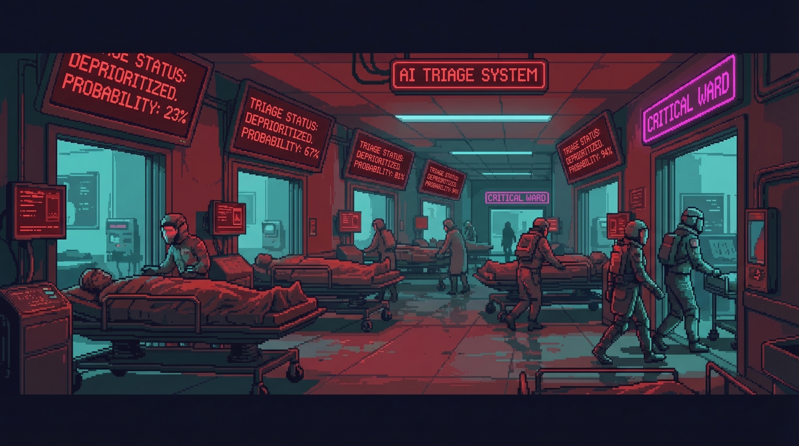 Hospital corridor - bodies on gurneys, screens showing red triage classifications