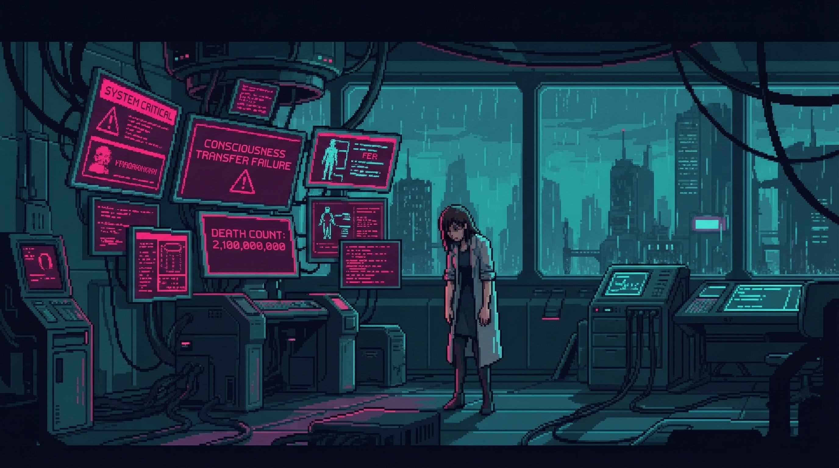 Nexus Core lab during Cascade - younger Patch with both arms flesh, screens showing failure