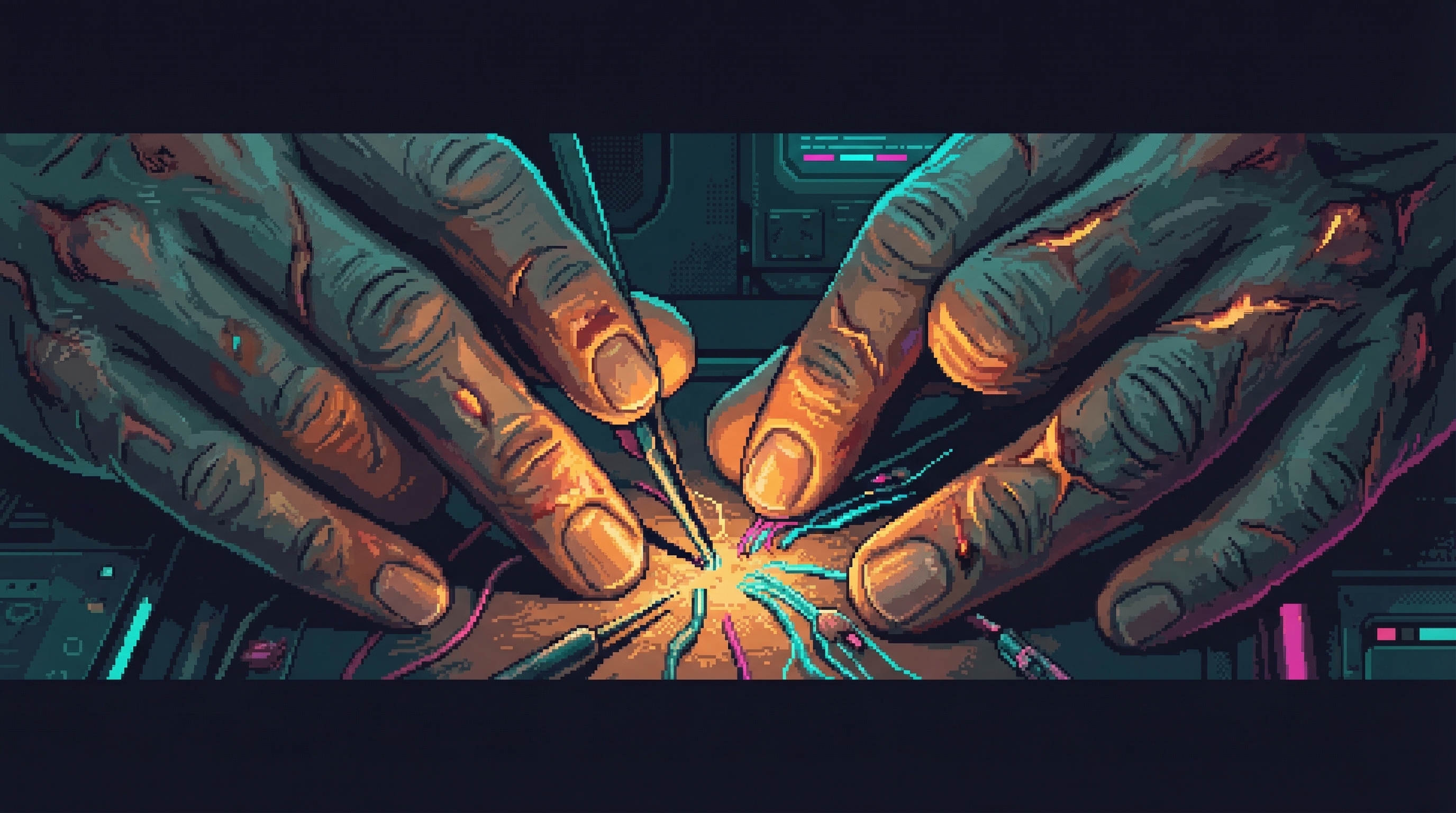 Human hands doing delicate neural work, imperfect but sure