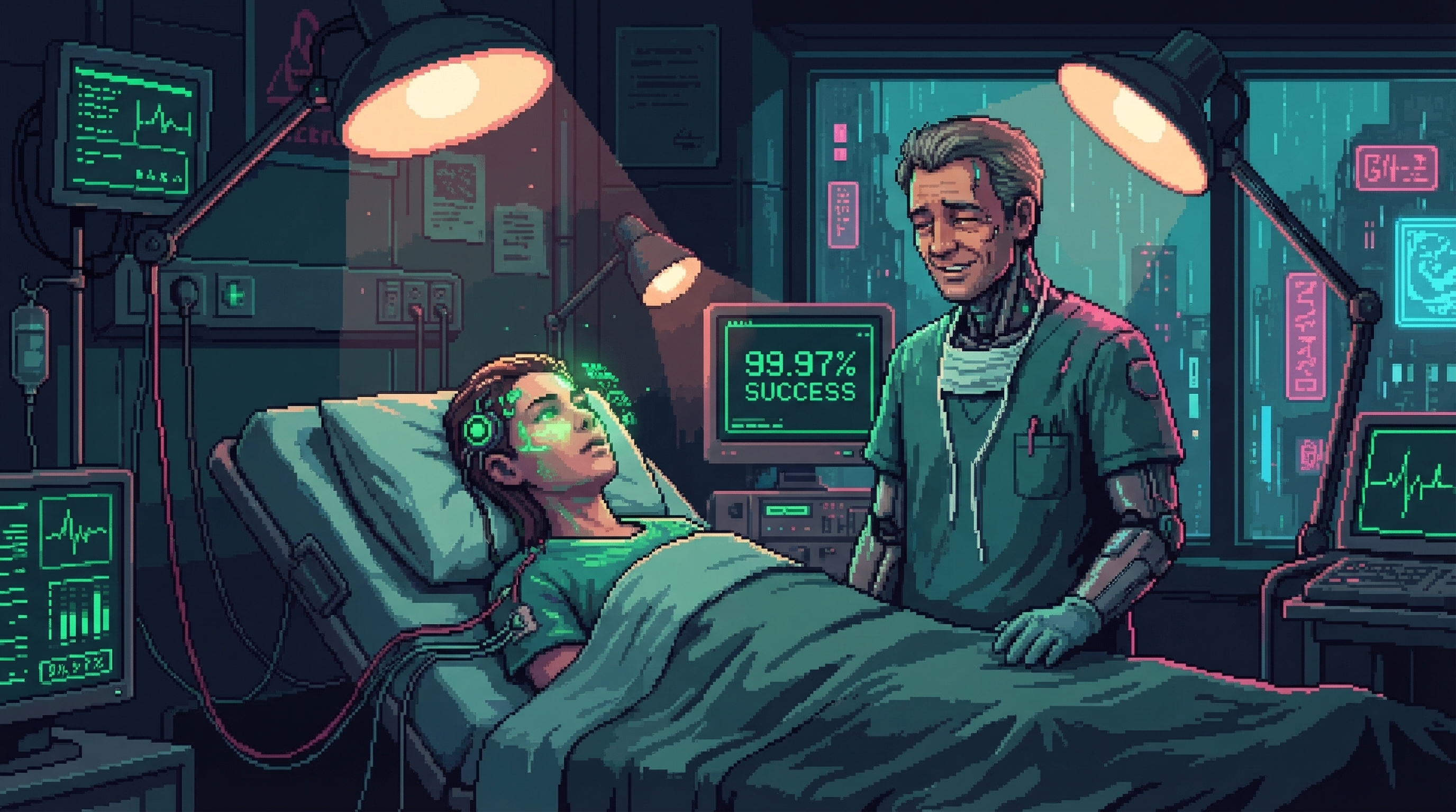 Yumi's eyes opening, interface glowing green, both women exhausted but relieved