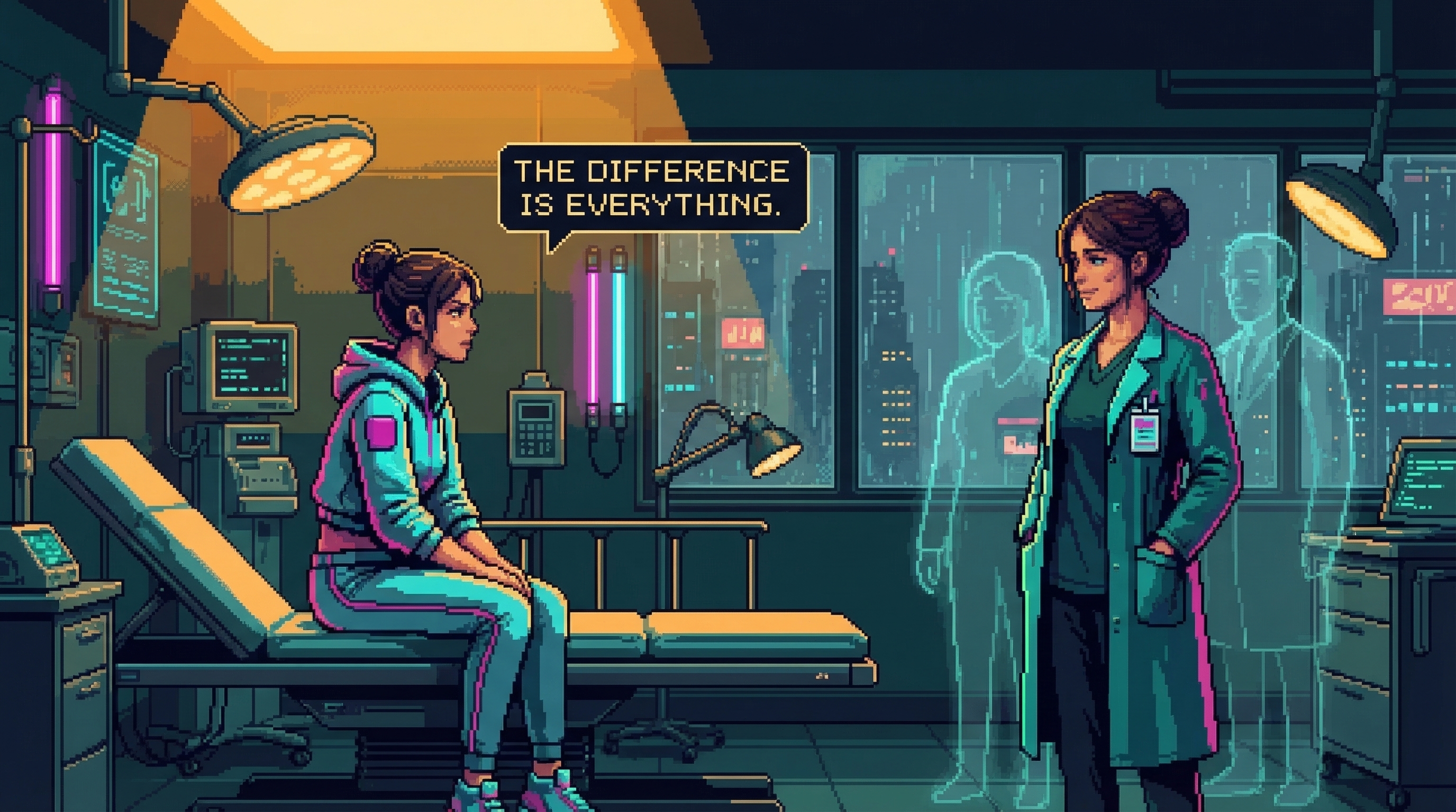 Eye contact across clinic - two women who understand something now