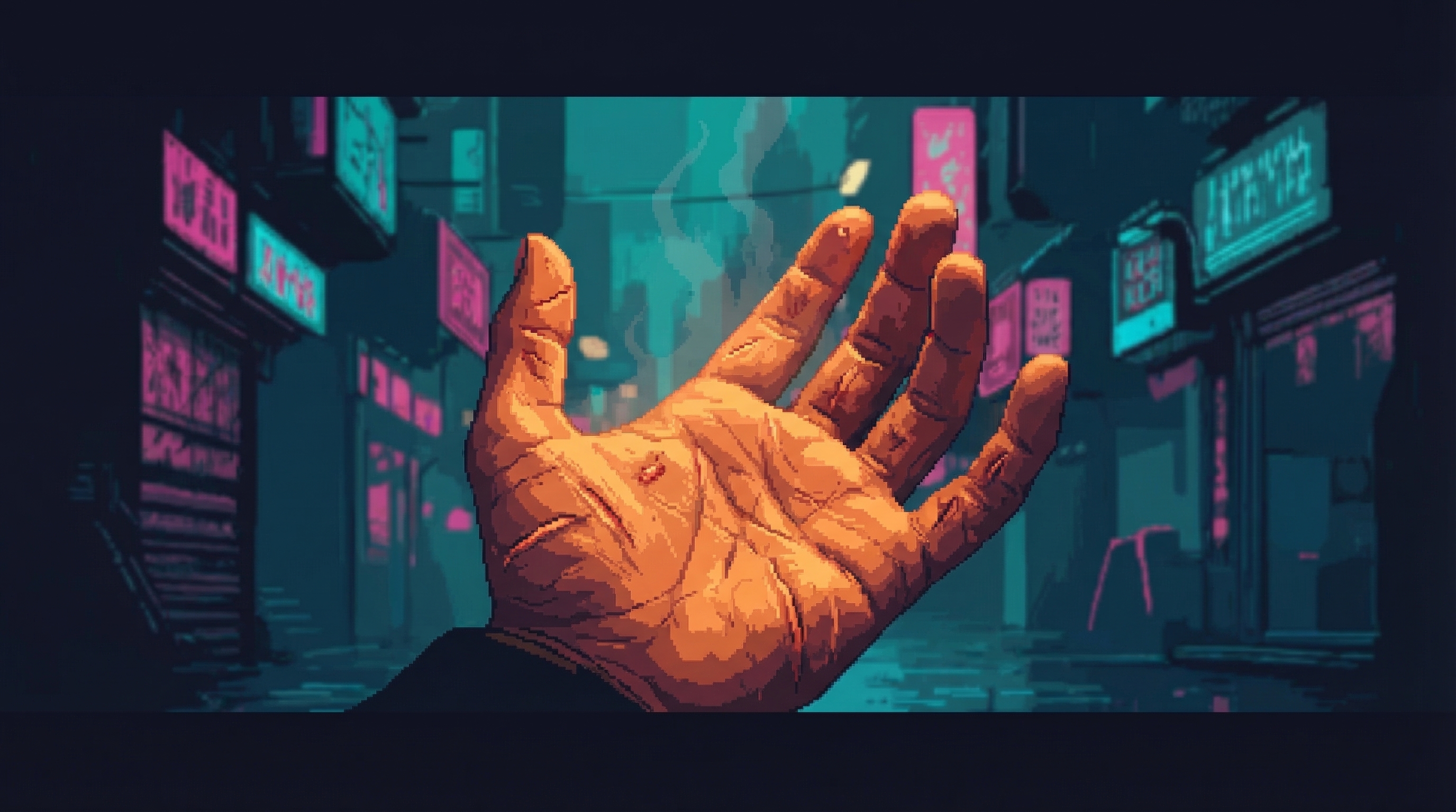 Human hand palm-up in warm light, scars visible, imperfect and warm