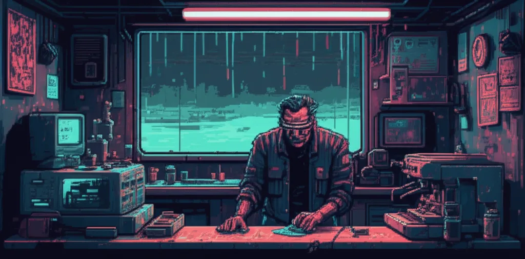 El Money alone behind the counter of a cramped, filthy cafe at 3:17 AM