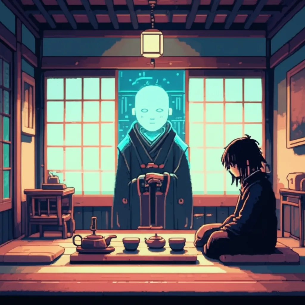 Inside the monastery—The Keeper's robes reveal their truth: empty, containing only light in the shape of a face