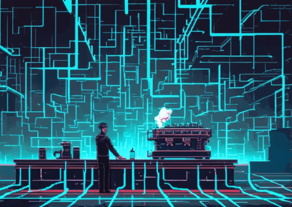 The cafe transformed—walls becoming absent, revealing layers of reality, data cables glowing like luminous veins