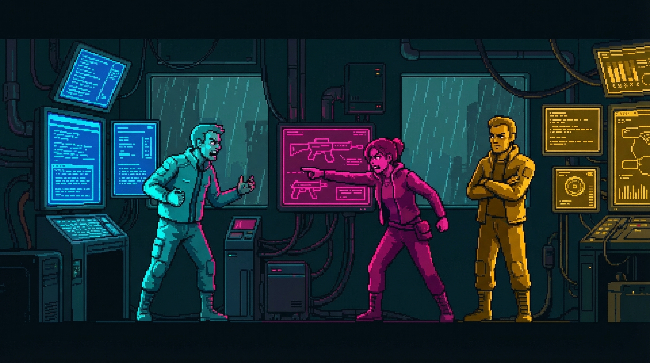 Three figures in heated discussion before glowing screens, each lit by different colored light