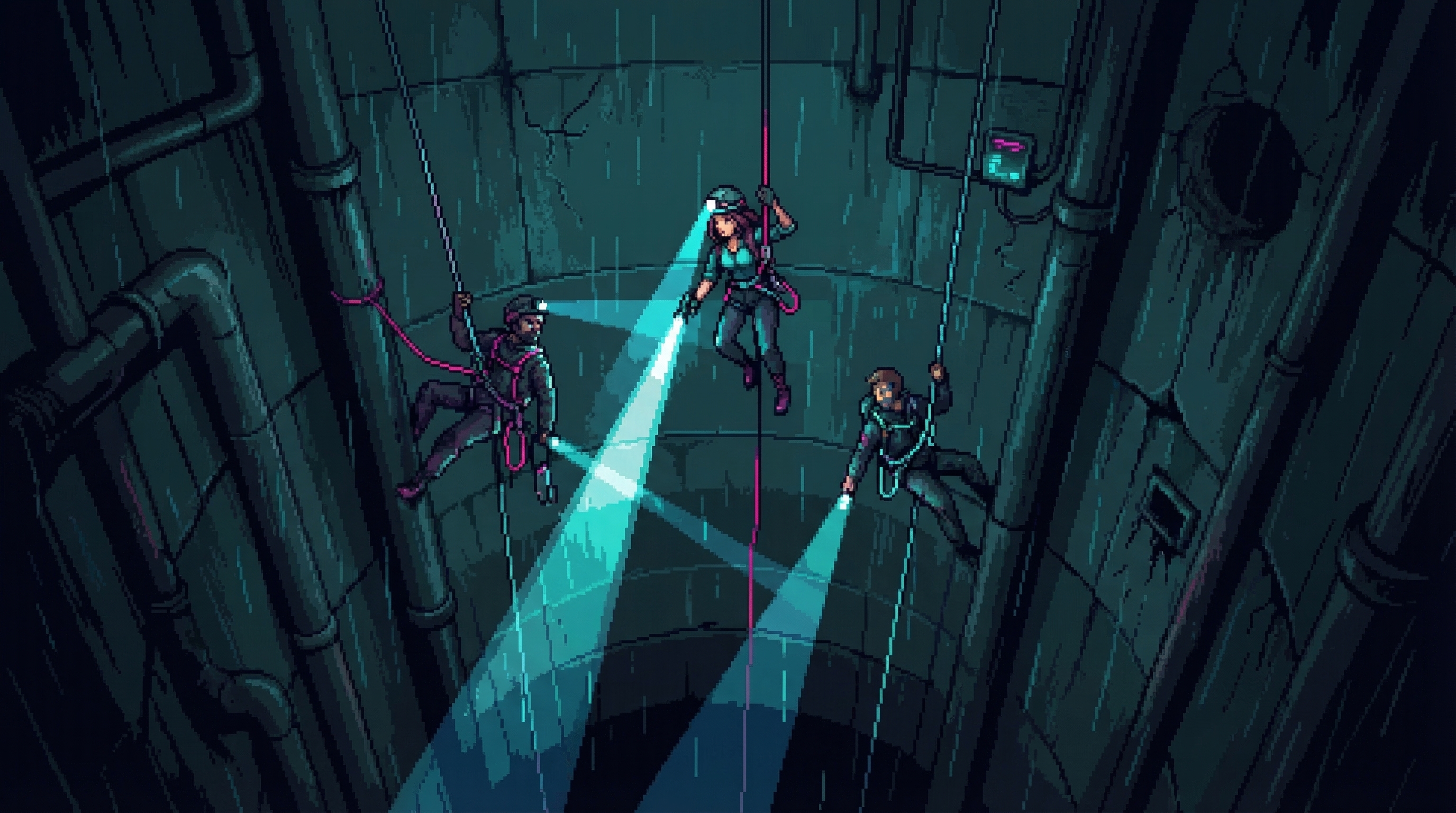 Three figures descending on guide cables into darkness, flashlight beams piercing the black