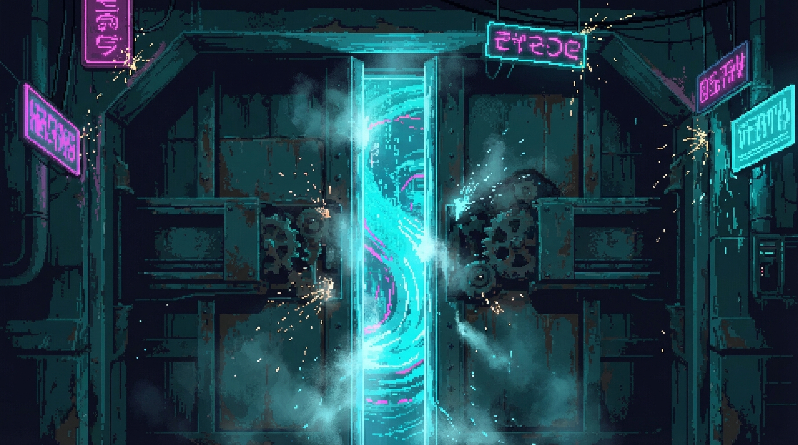Massive blast doors grinding open, digital light streaming through the gap
